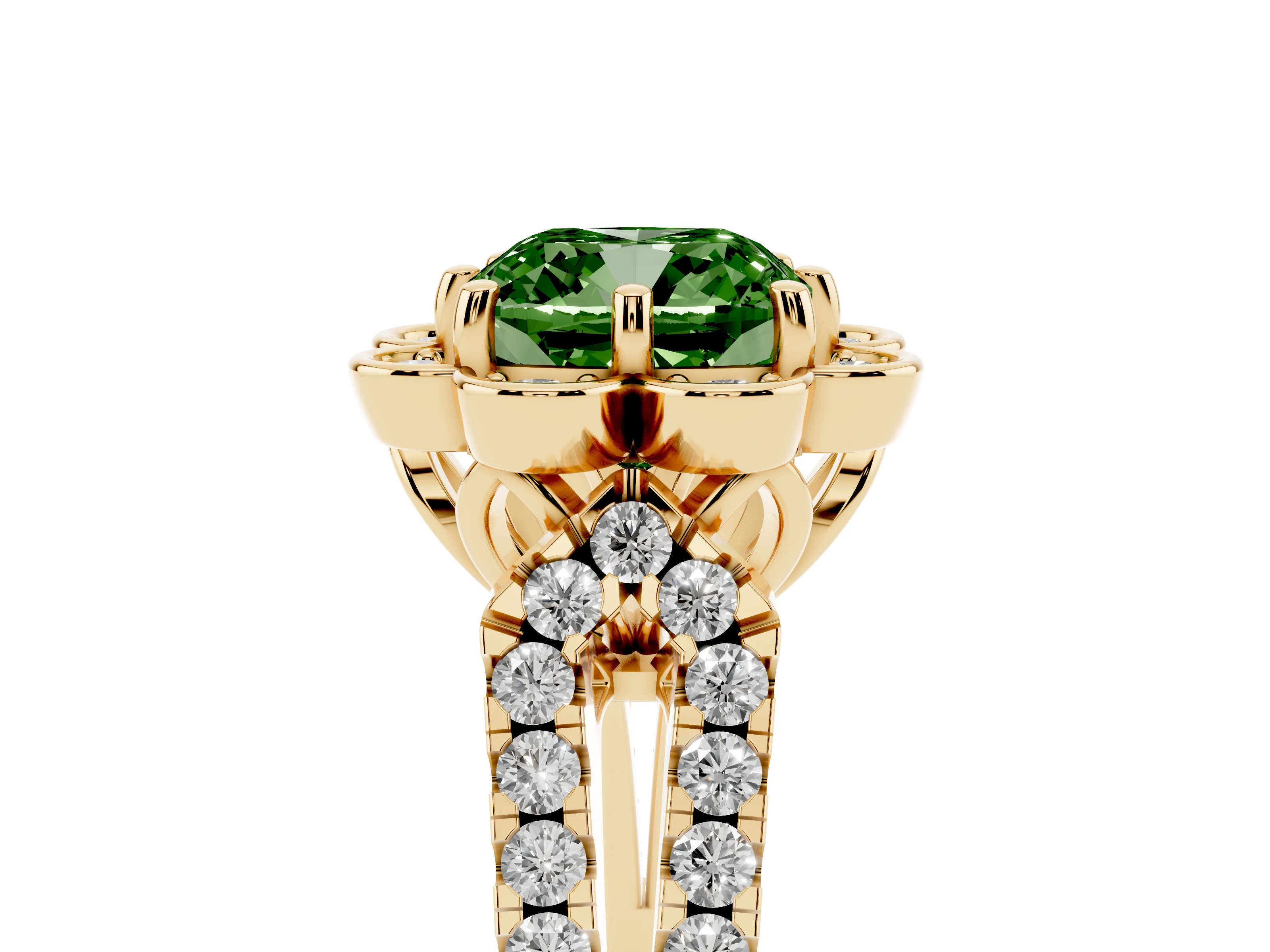 Fancy Green Cushion Cut Diamond Floral Halo Split Shank Engagement Ring Set in Yellow gold with Pavé Shank