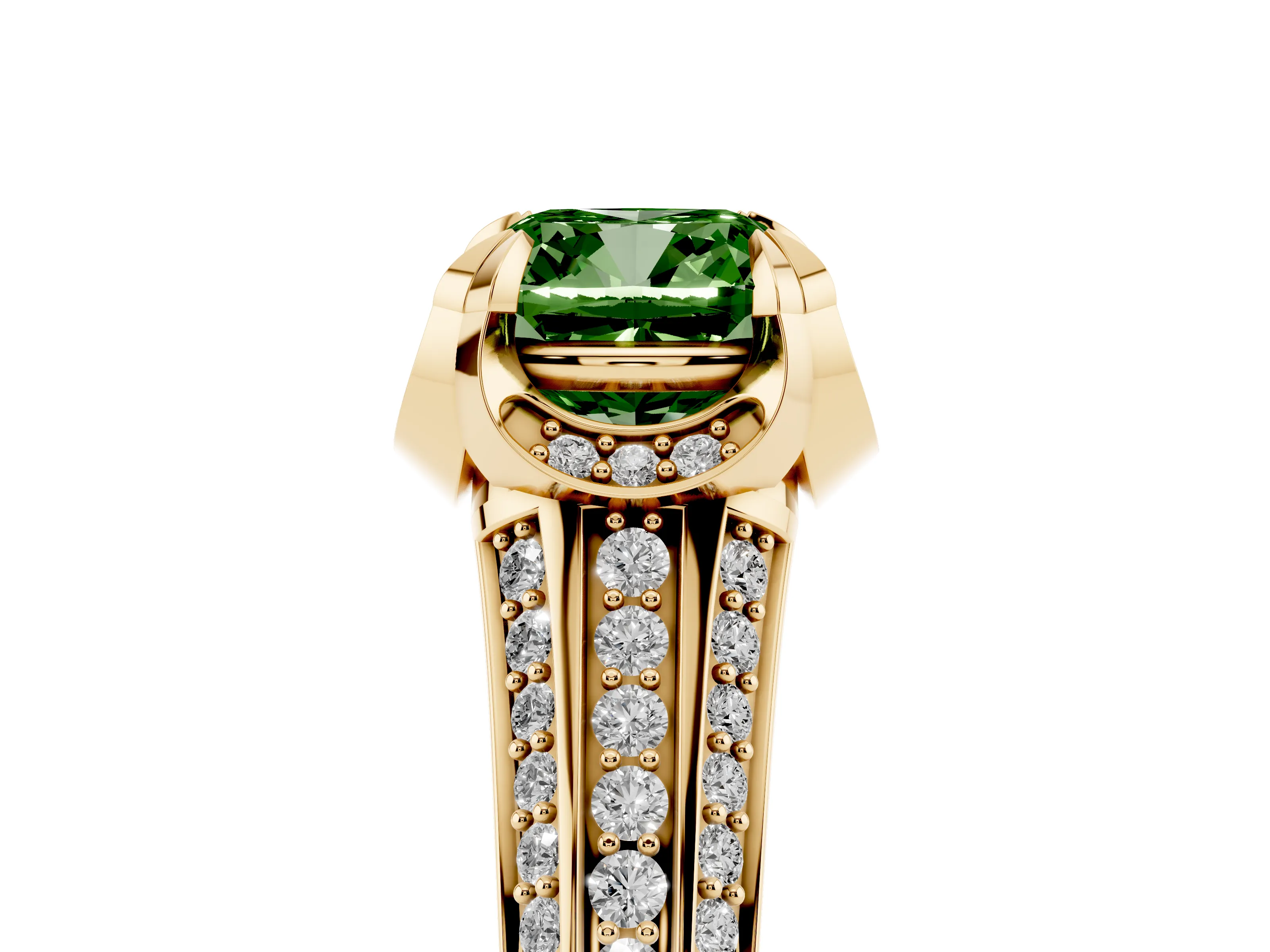 Fancy Green Cushion Cut Diamond Pavé Split Shank Solitaire Ring Set in Yellow gold with Prong Setting