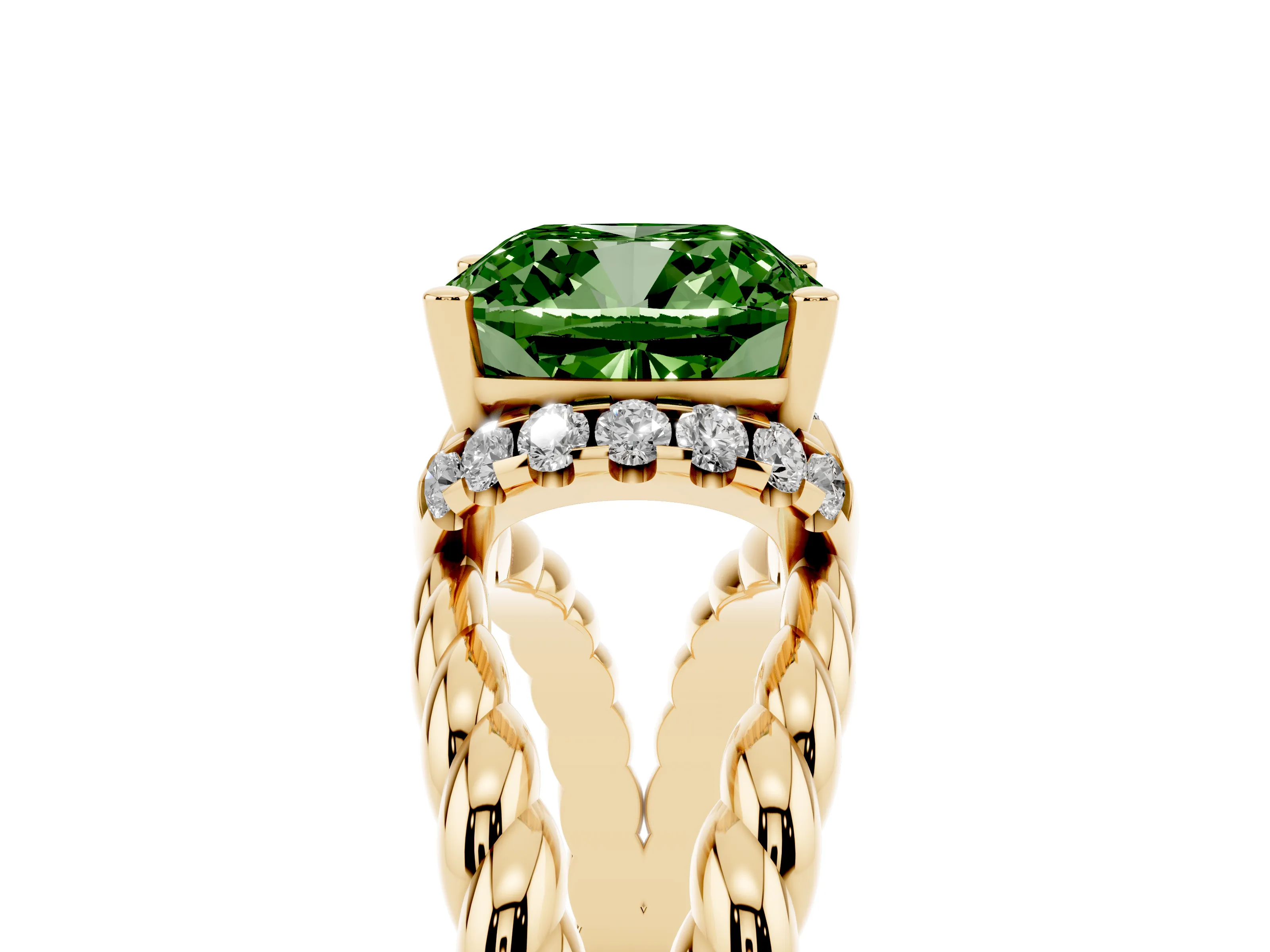 Fancy Green Cushion Cut Diamond Halo Ring Set in Yellow gold with Twisted Band and Prong Setting