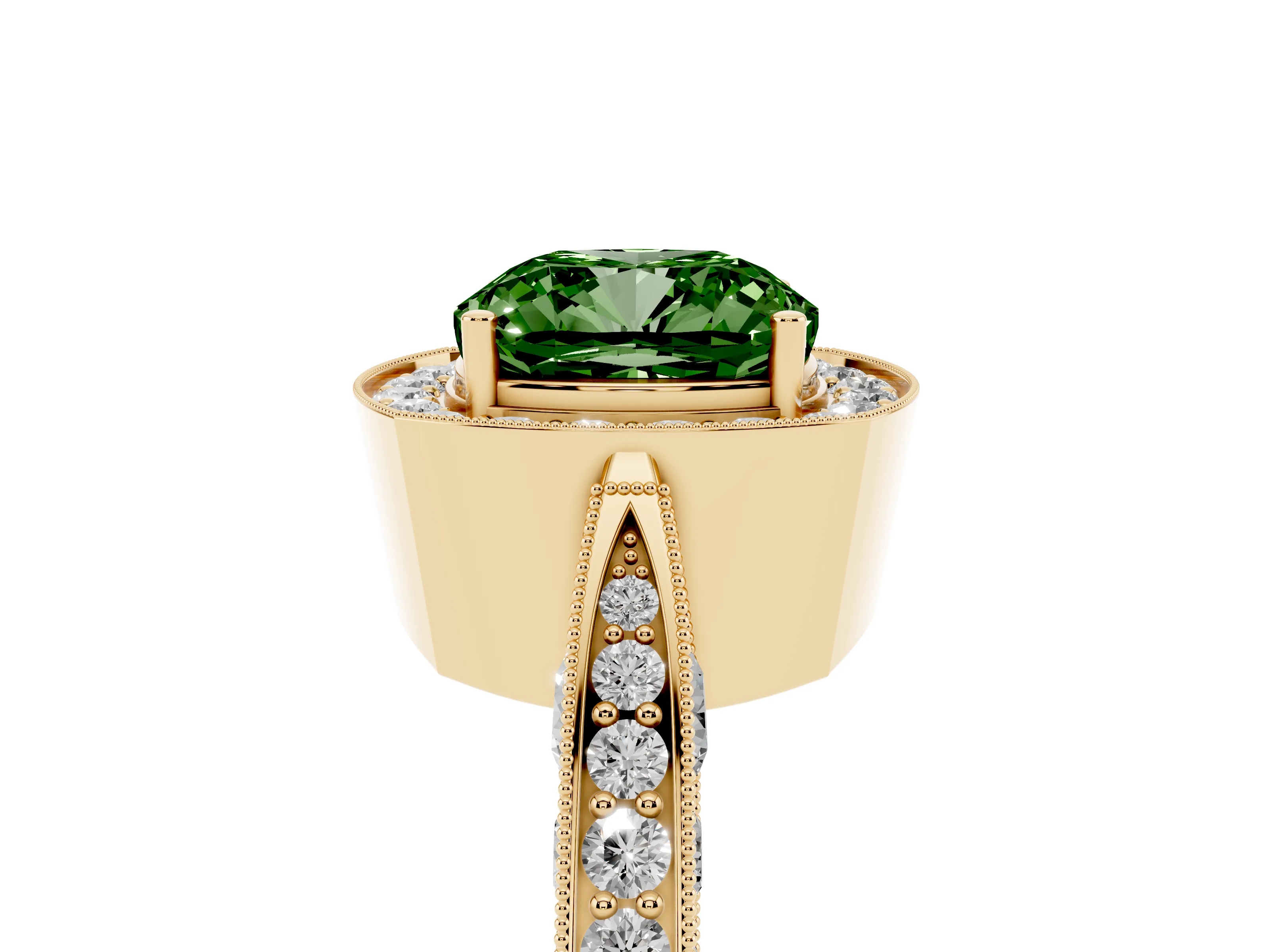 Fancy Green Cushion Cut Diamond Halo Engagement Ring Set in Yellow gold with Accent Split Shank Band
