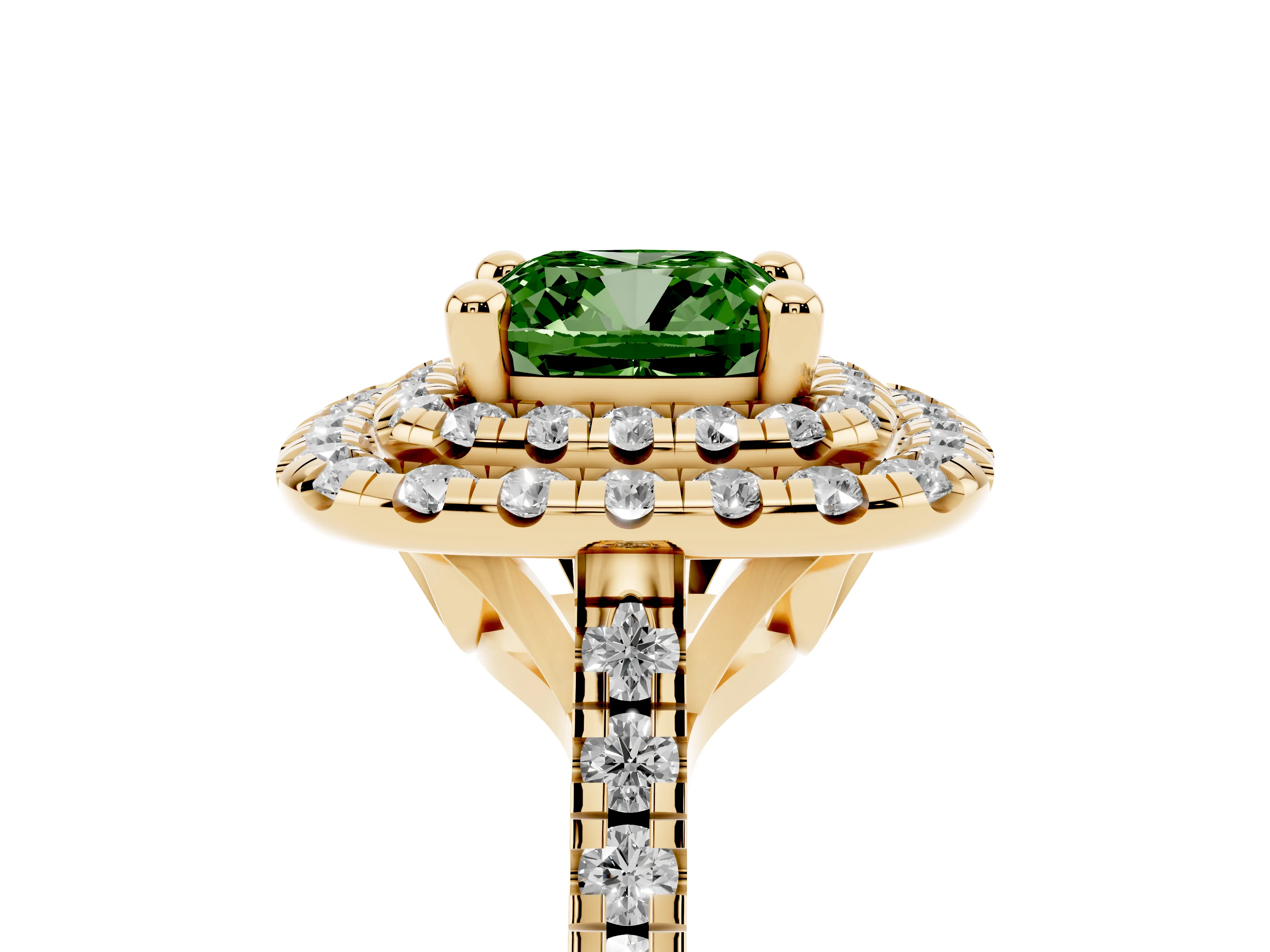 Fancy Green Cushion Cut Diamond Double Halo Statement Ring Set in Yellow gold with Pavé Band