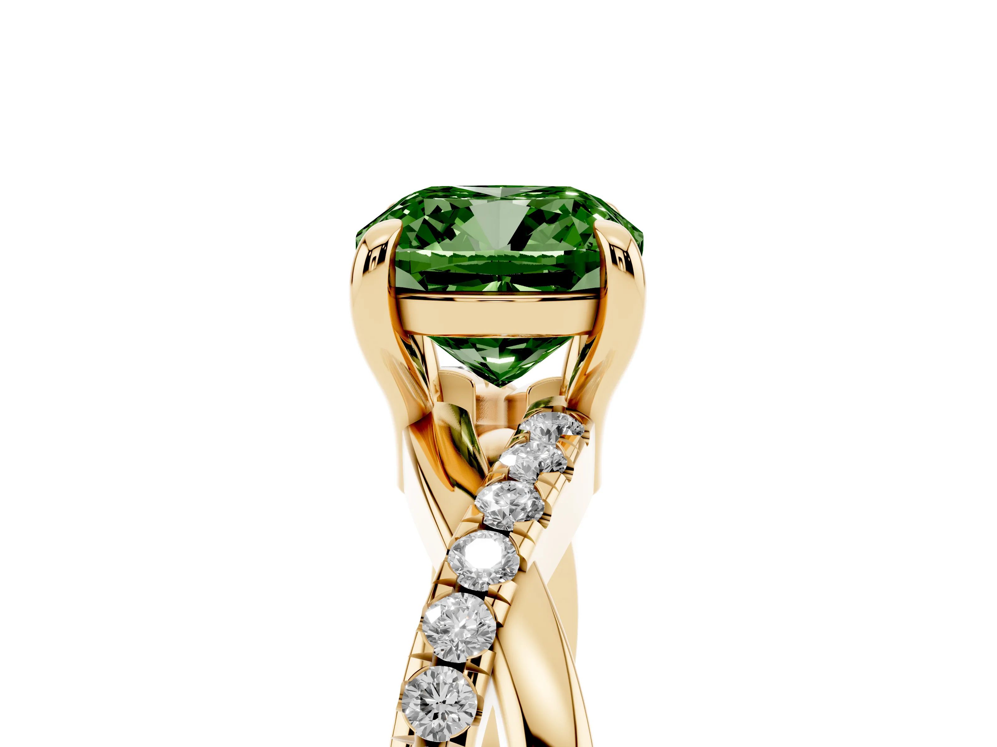 Fancy Green Cushion Cut Diamond Twist Band Pavé Solitaire Ring Set in Yellow gold with Prong Setting