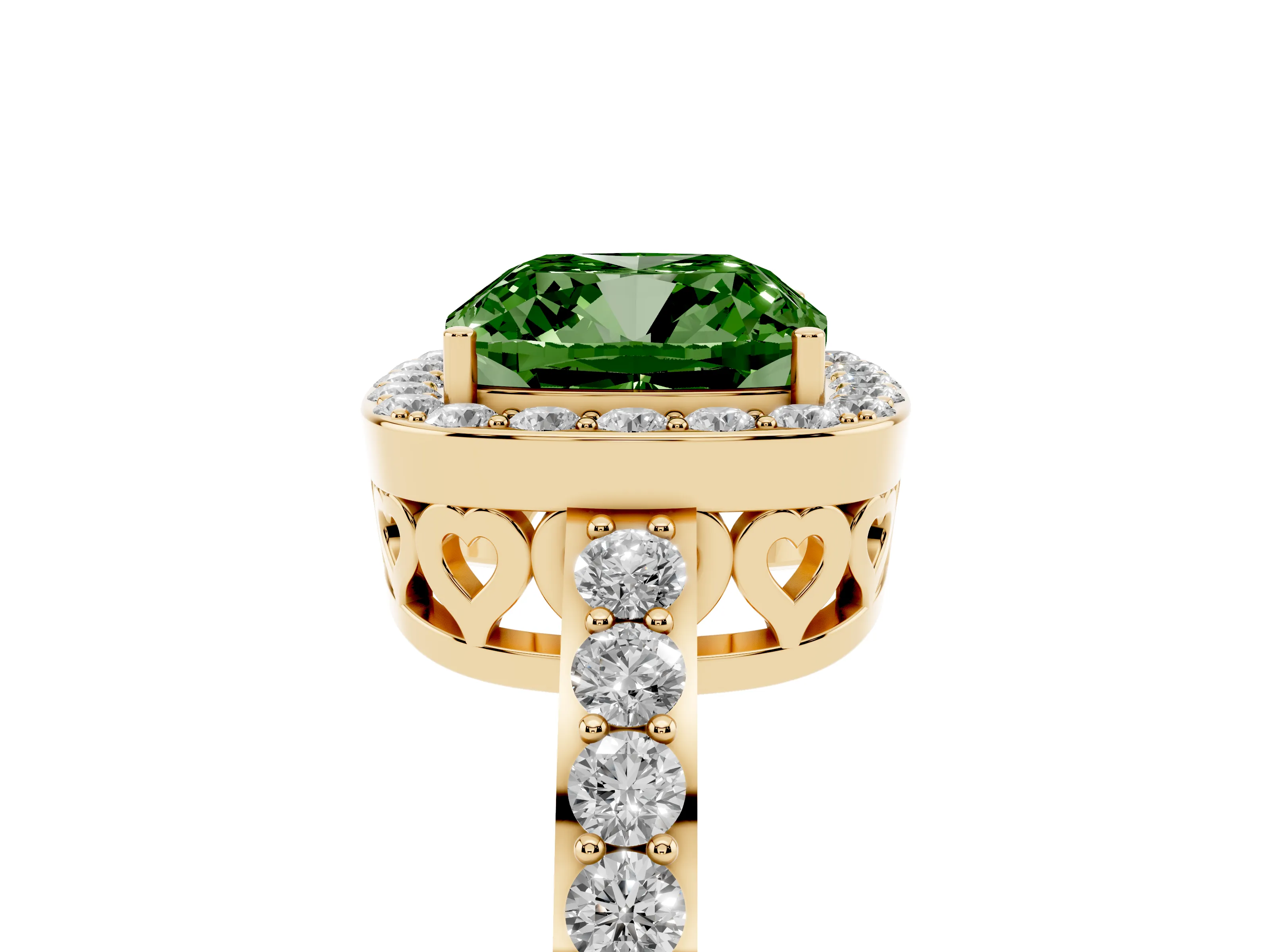 Fancy Green Cushion Cut Diamond Halo Ring Set in Yellow gold with Pavé-Setting Band and Open Prong Center