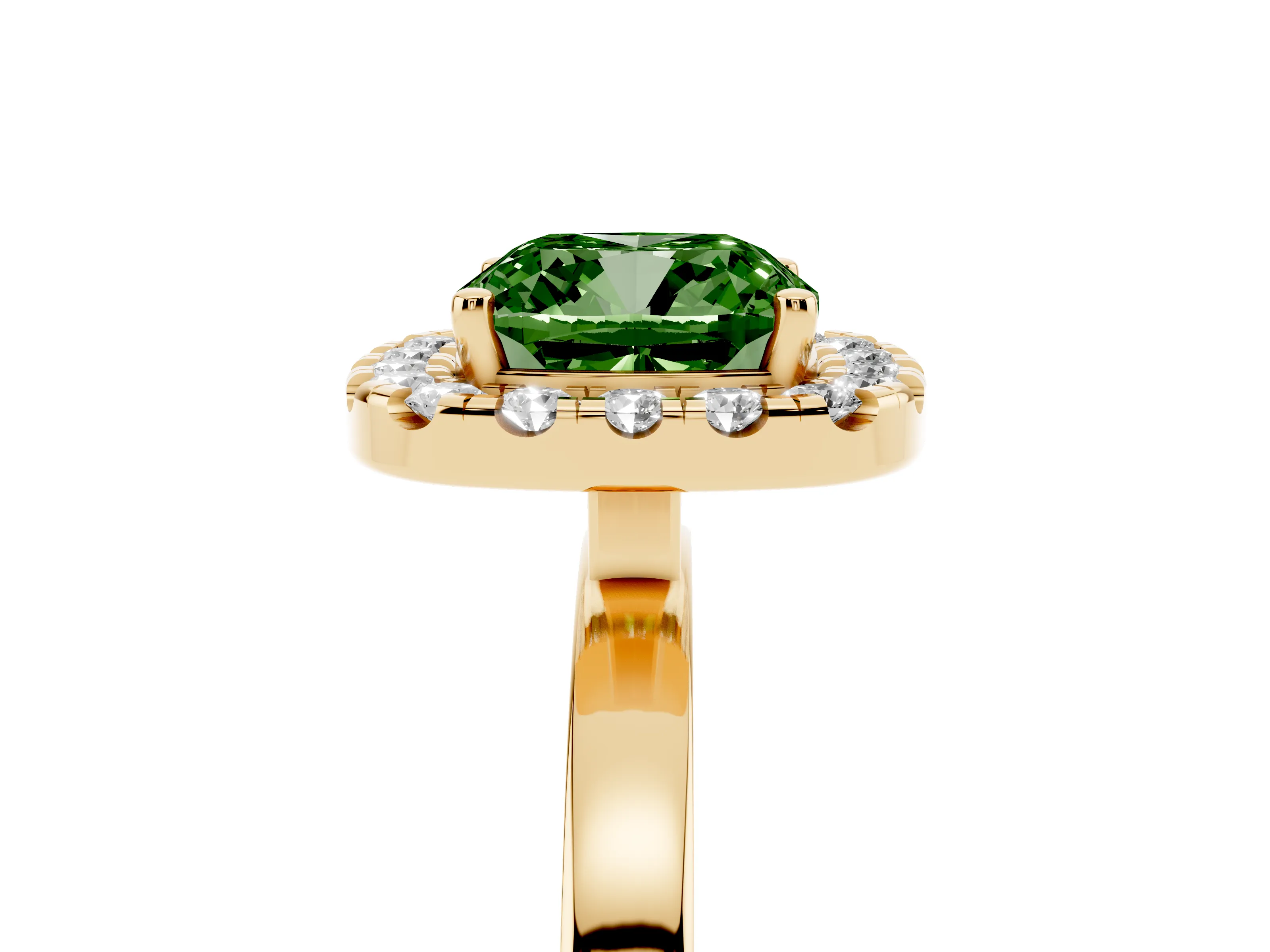 Fancy Green Cushion Cut Diamond Halo Solitaire Ring Set in Yellow gold with Pavé Band and Prong Setting