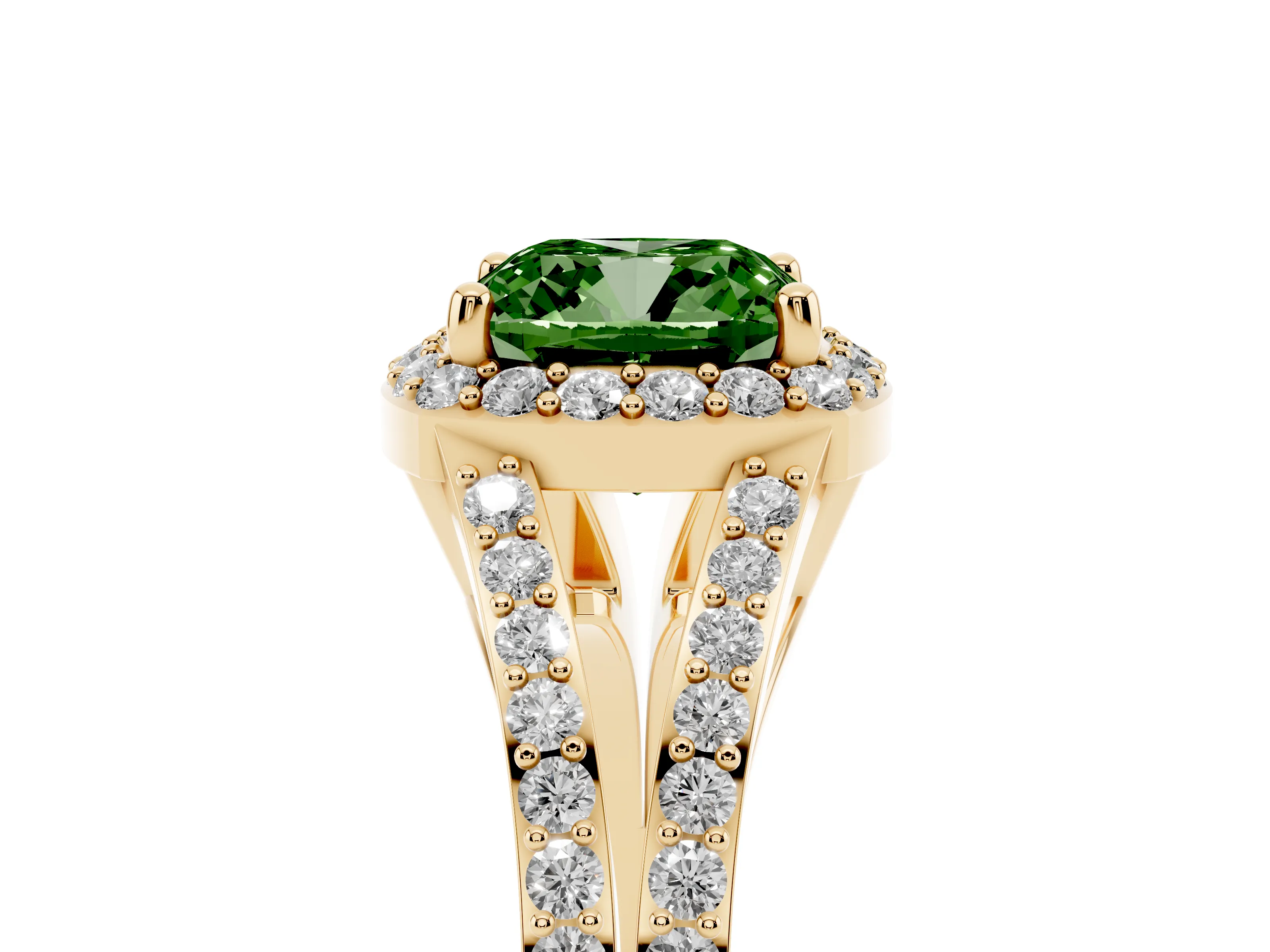 Fancy Green Cushion Cut Diamond Halo Split Shank Ring Set in Yellow gold with Accent Stones and Prong Setting