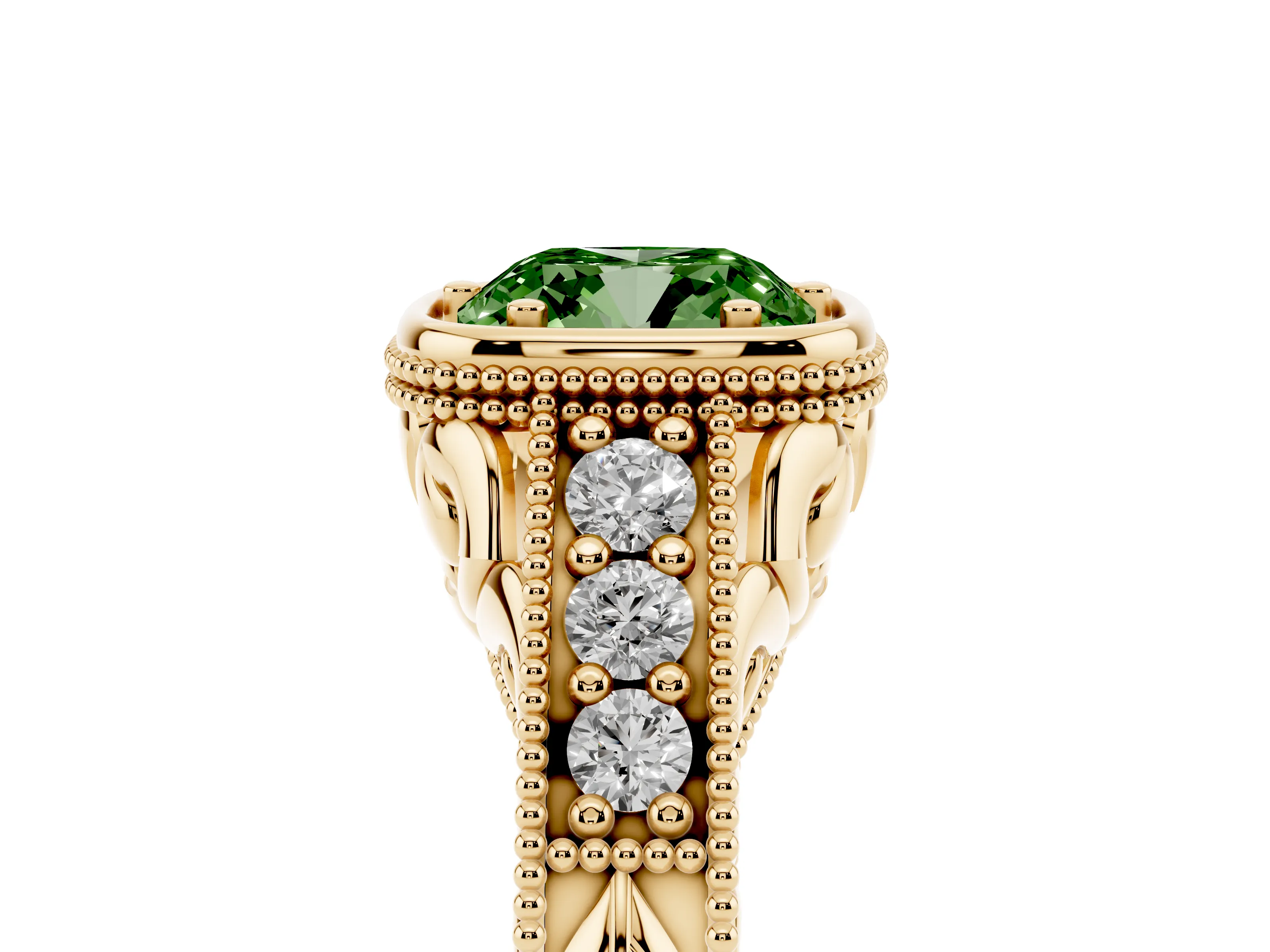 Fancy Green Bezel Set Cushion Cut Diamond Milgrain Pavé Engagement Ring Set in Yellow gold