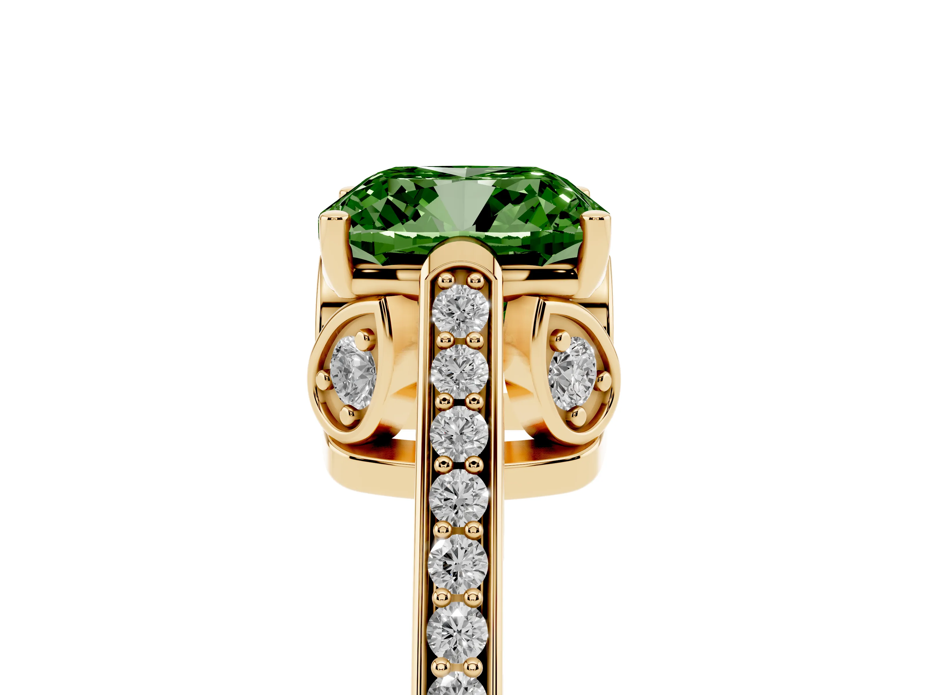 Fancy Green Cushion Cut Diamond Cathedral Pavé Engagement Ring Set in Yellow gold with Prong Setting