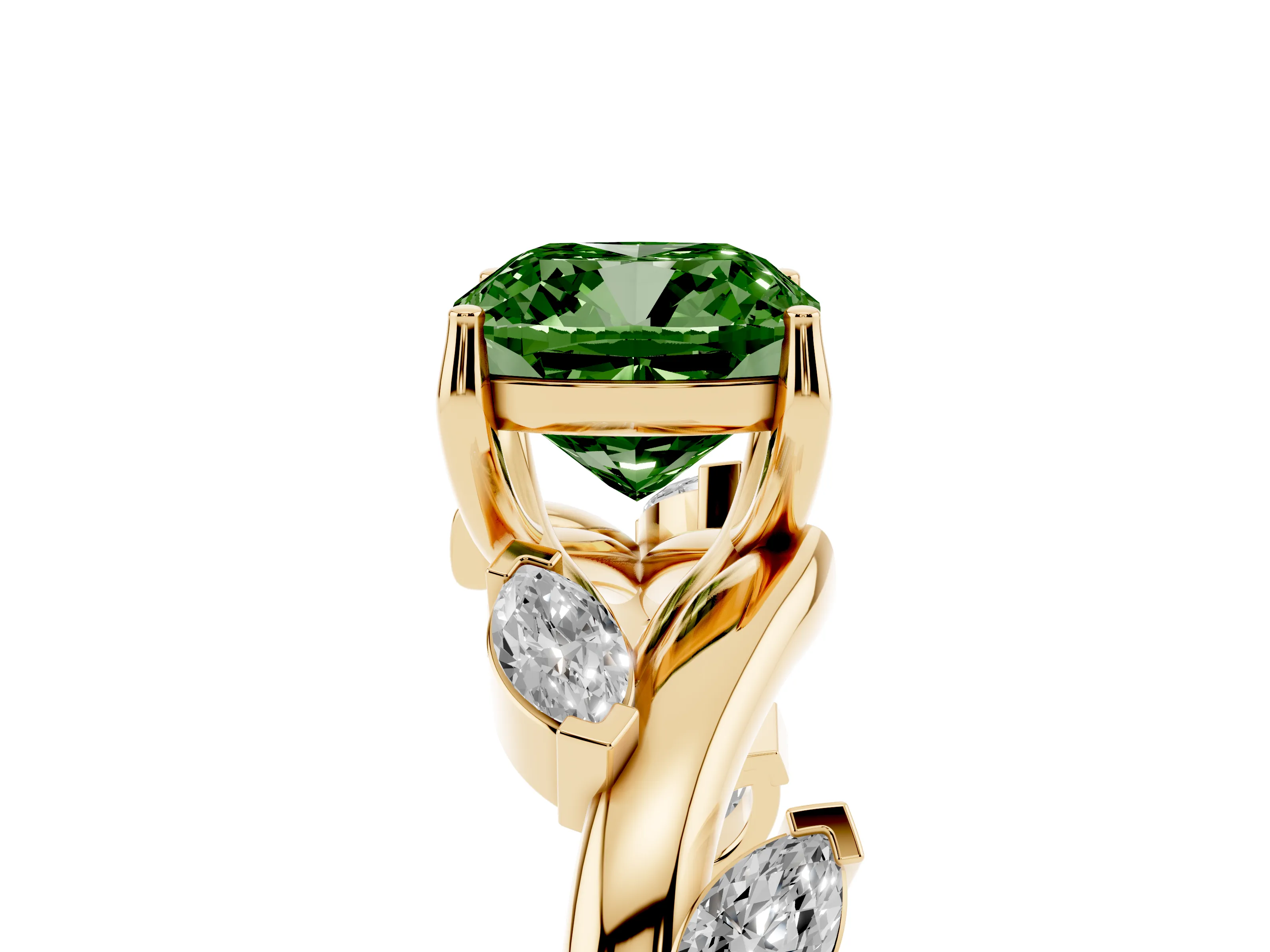 Fancy Green Cushion Cut Diamond Solitaire Ring Set in Yellow gold with Twisted Marquise Accent Band