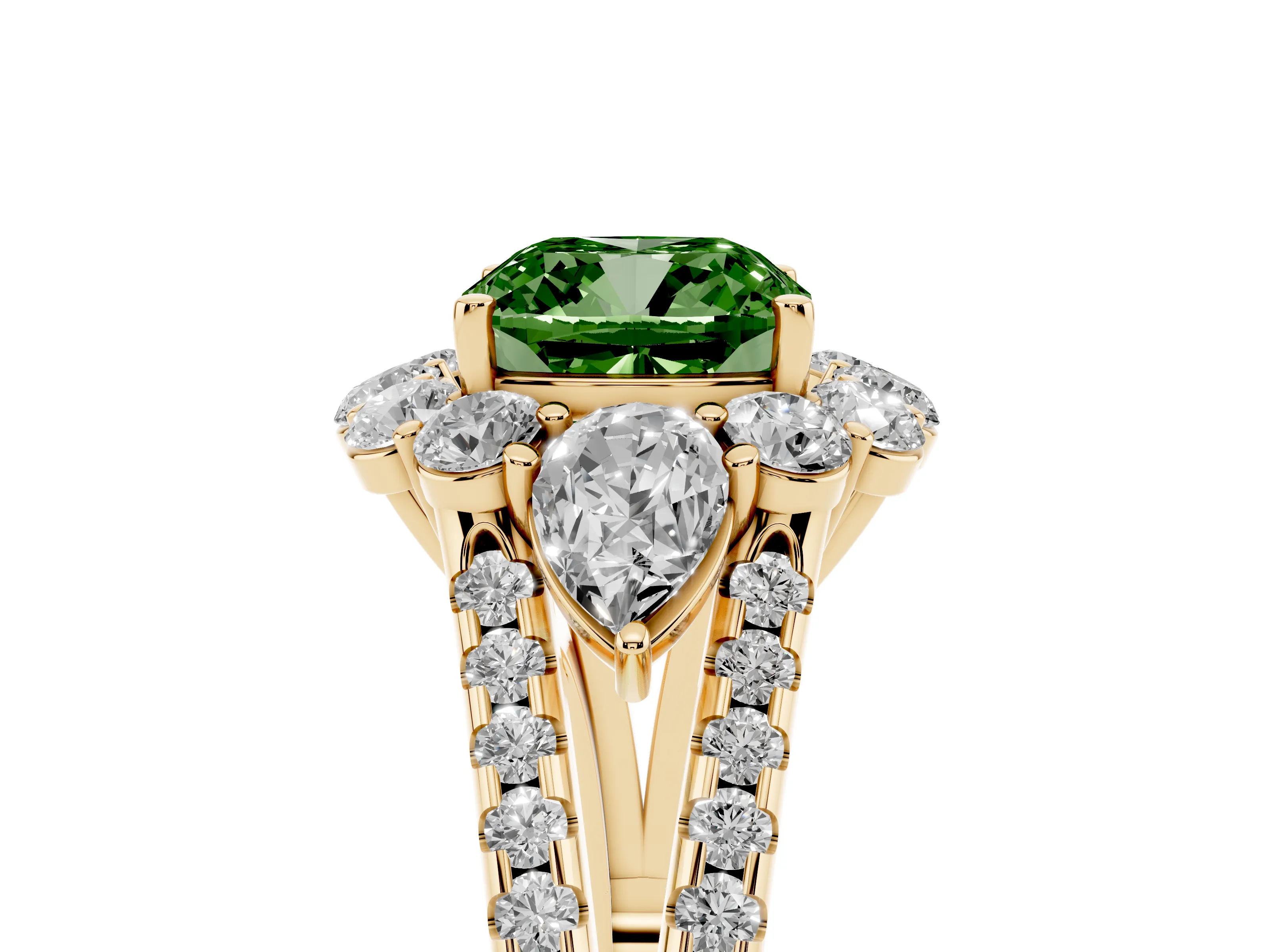 Fancy Green Cushion Cut Diamond Halo Split Shank Engagement Ring Set in Yellow gold with Prong-Held Center Stone