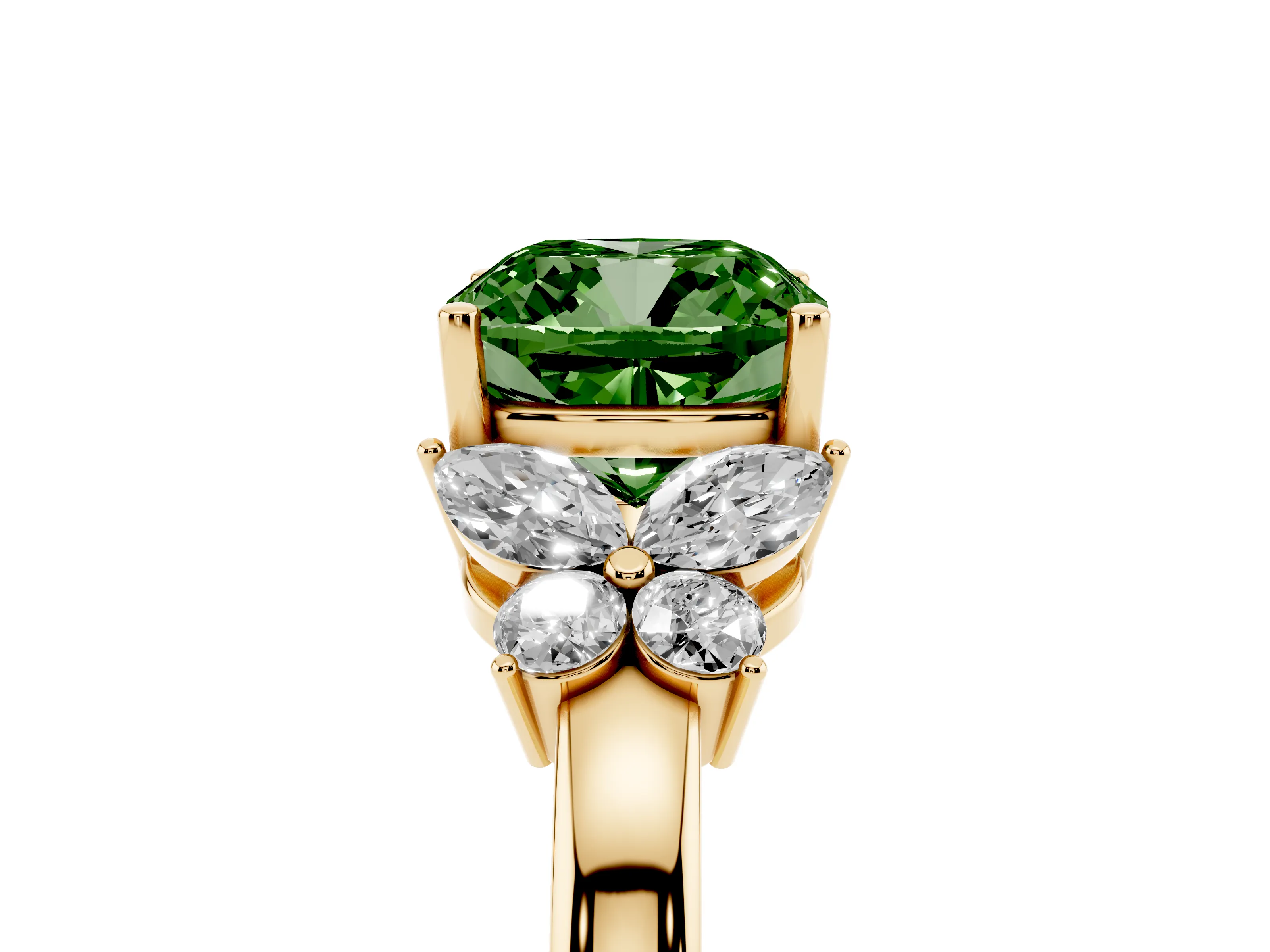 Fancy Green Cushion Cut Diamond Solitaire Floral Ring Set in Yellow gold with Marquise Petals and Prong Setting