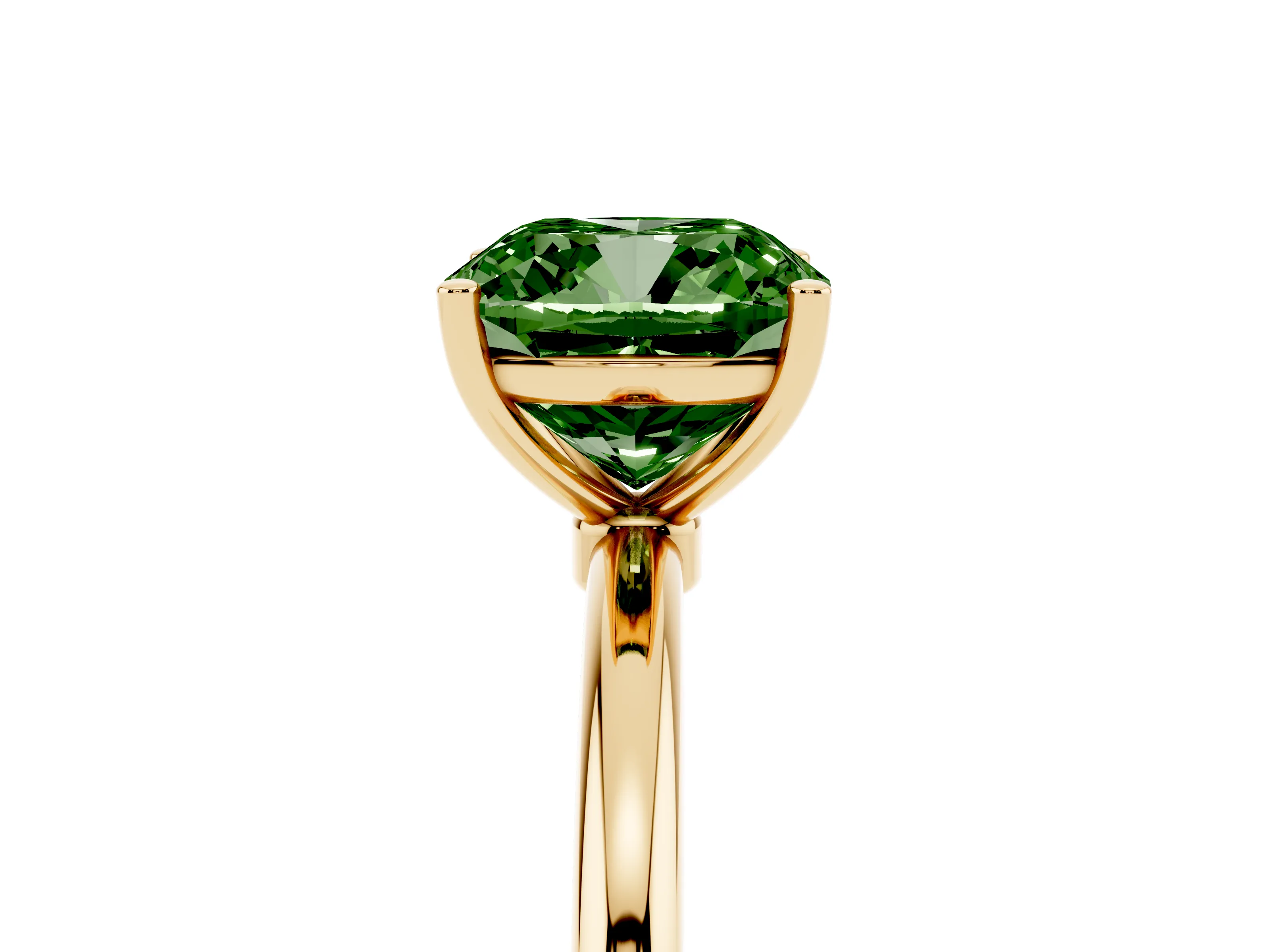 Fancy Green Cushion Cut Diamond Solitaire Engagement Ring Set in Yellow gold with Thin Band and Prong Setting