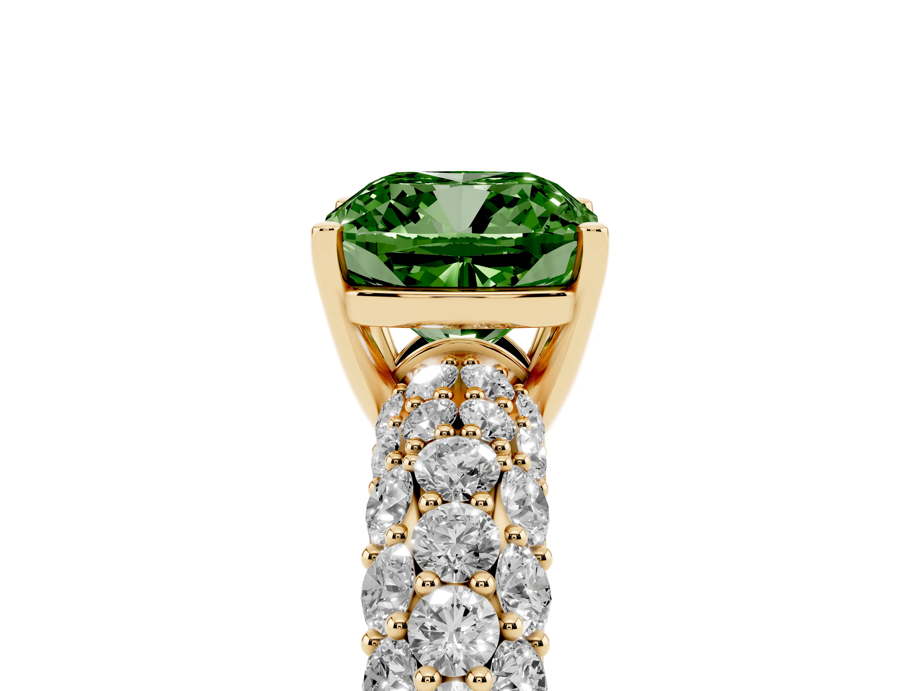 Fancy Green Cushion Cut Diamond Pavé Band Solitaire Ring Set in Yellow gold with Close-Set Accent Stones and Prong Setting