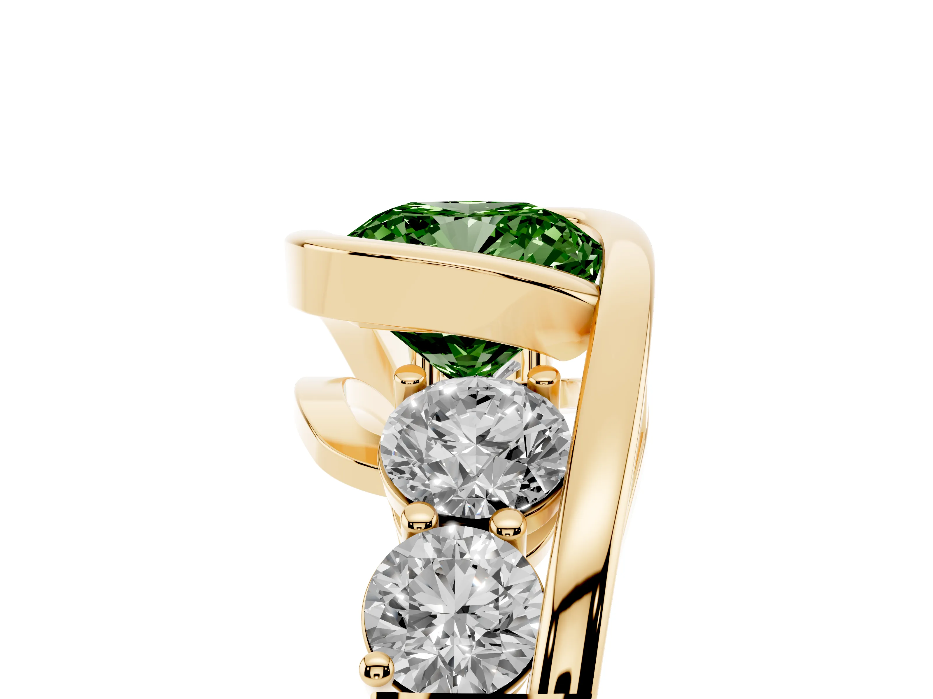 Fancy Green Cushion Cut Diamond Bezel Bypass Ring Set in Yellow gold with Round Accents