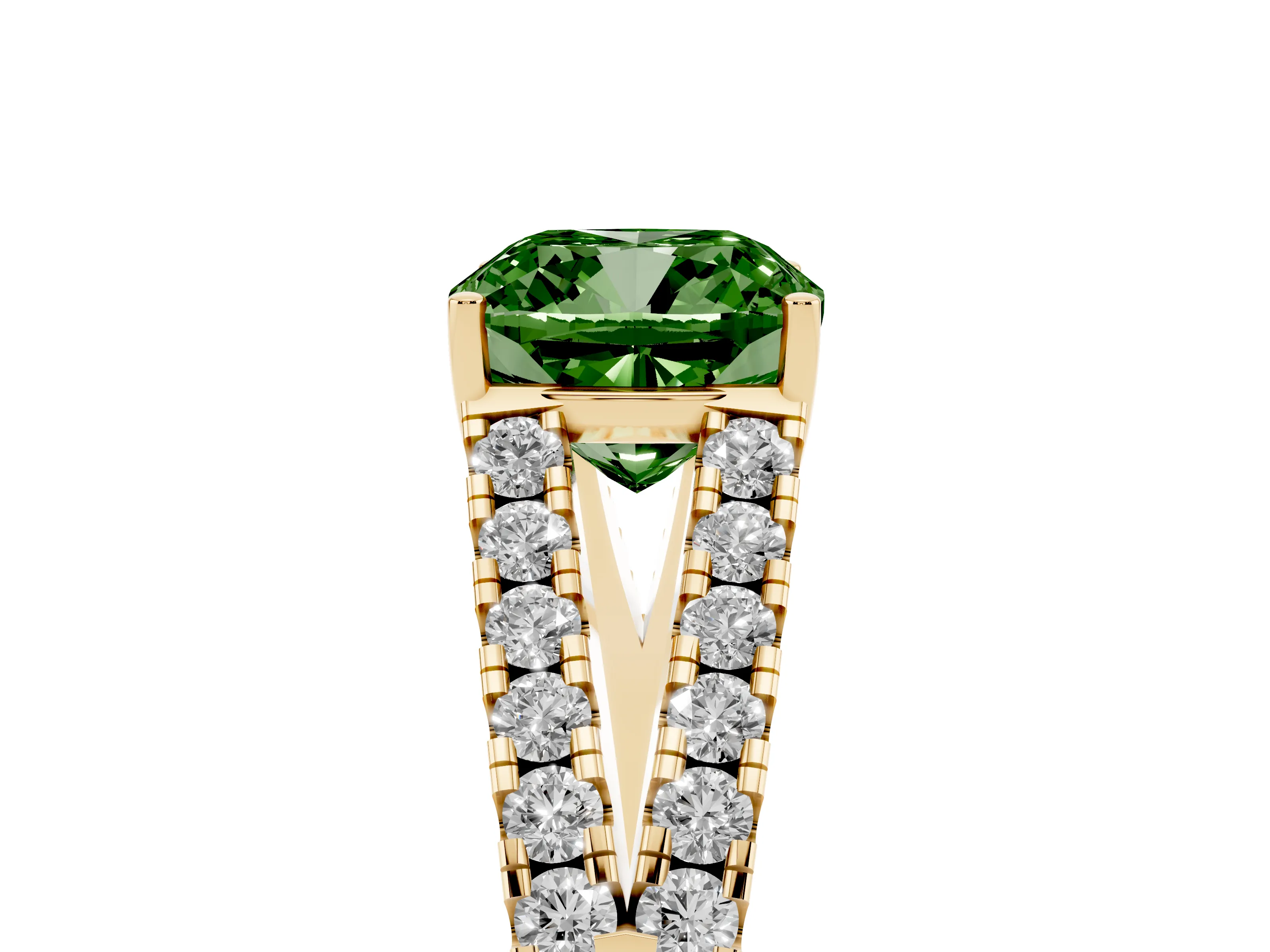 Fancy Green Cushion Cut Diamond Split Shank Pavé Engagement Ring Set in Yellow gold with Prong-Held Center Stone
