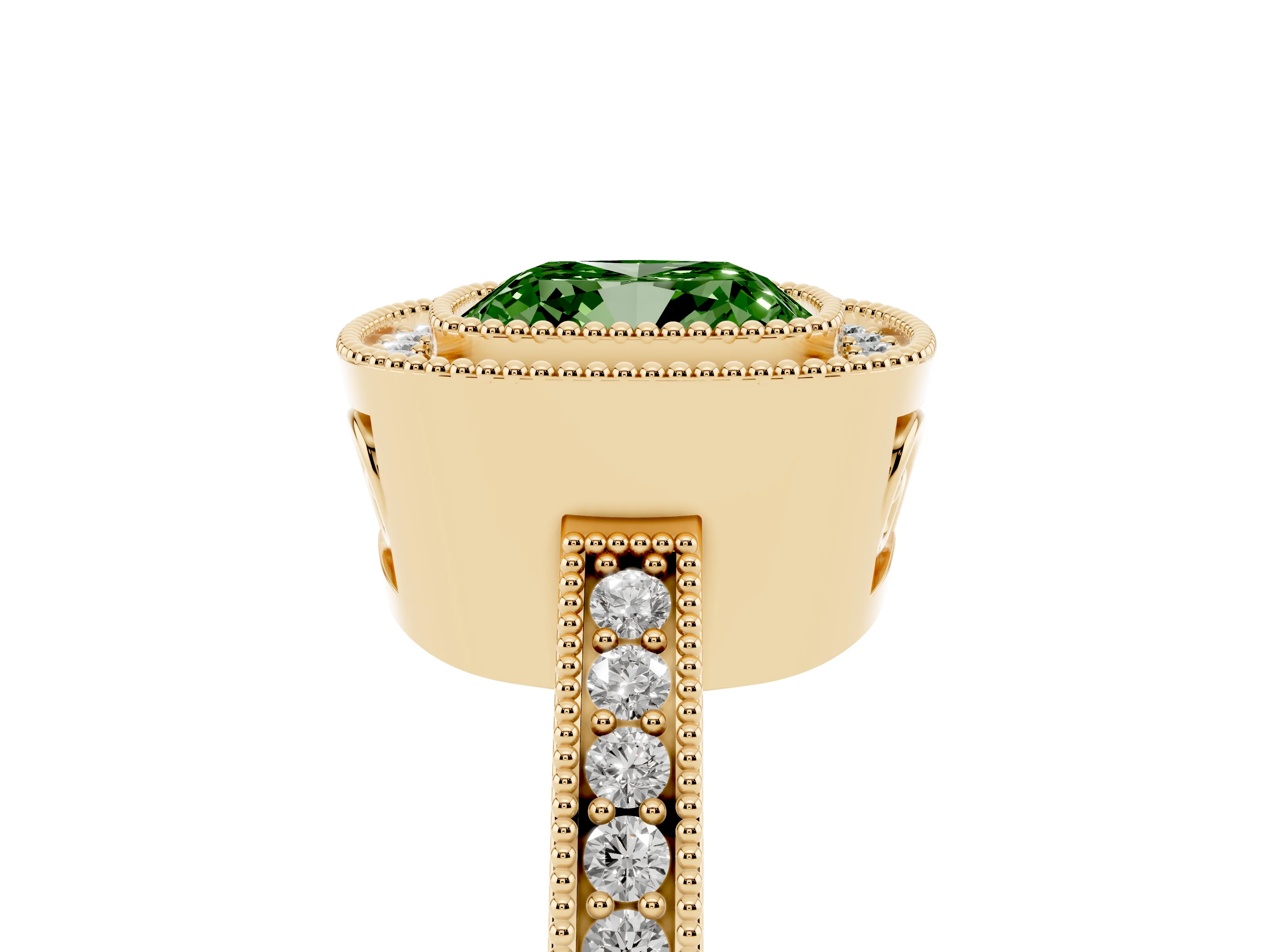 Fancy Green Cushion Cut Diamond Round Halo Ring Set in Yellow gold with Pavé Band