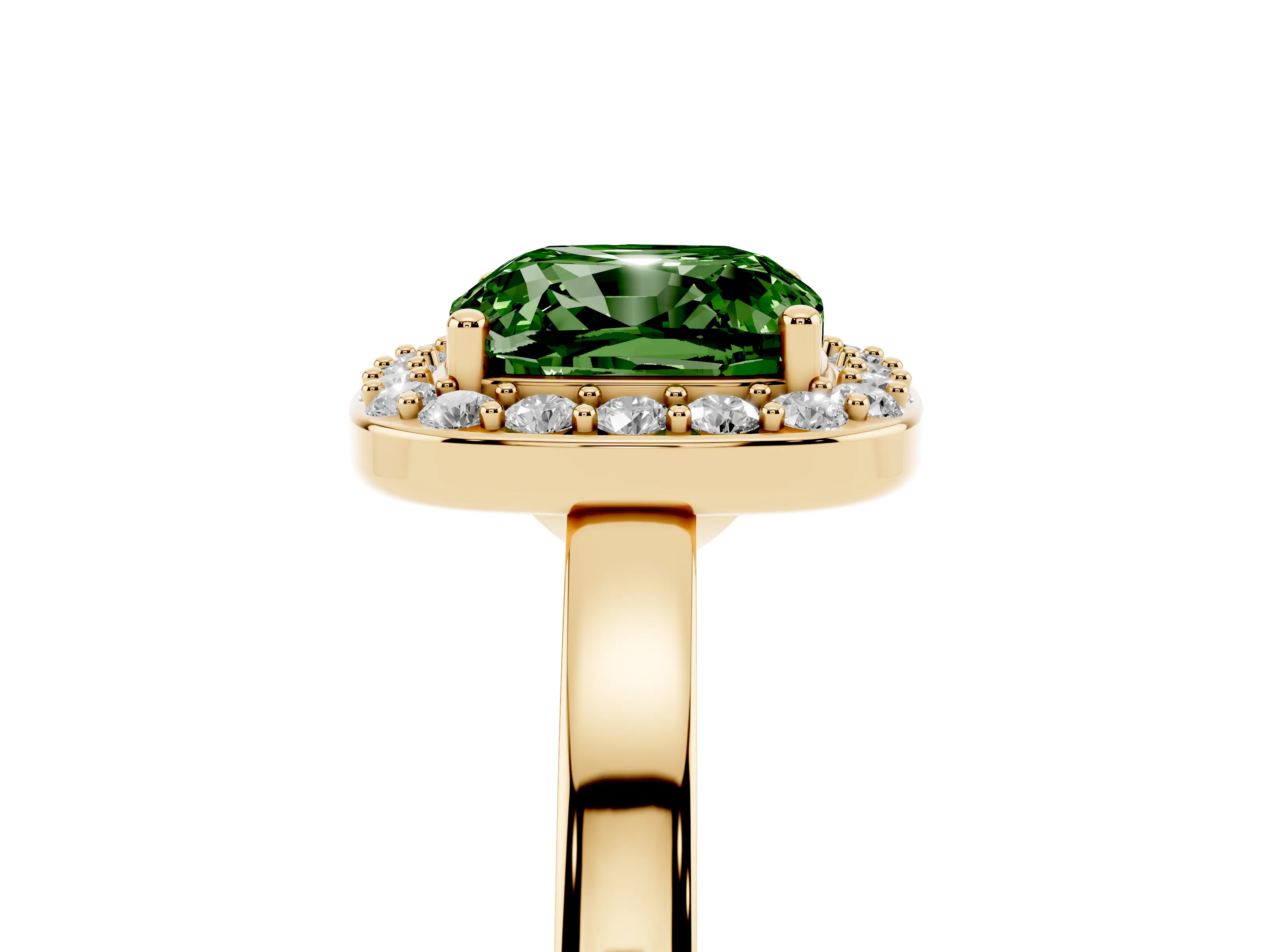 Fancy Green Cushion Cut Diamond Halo Ring Set in Yellow gold with Solitaire Band and Prong Setting