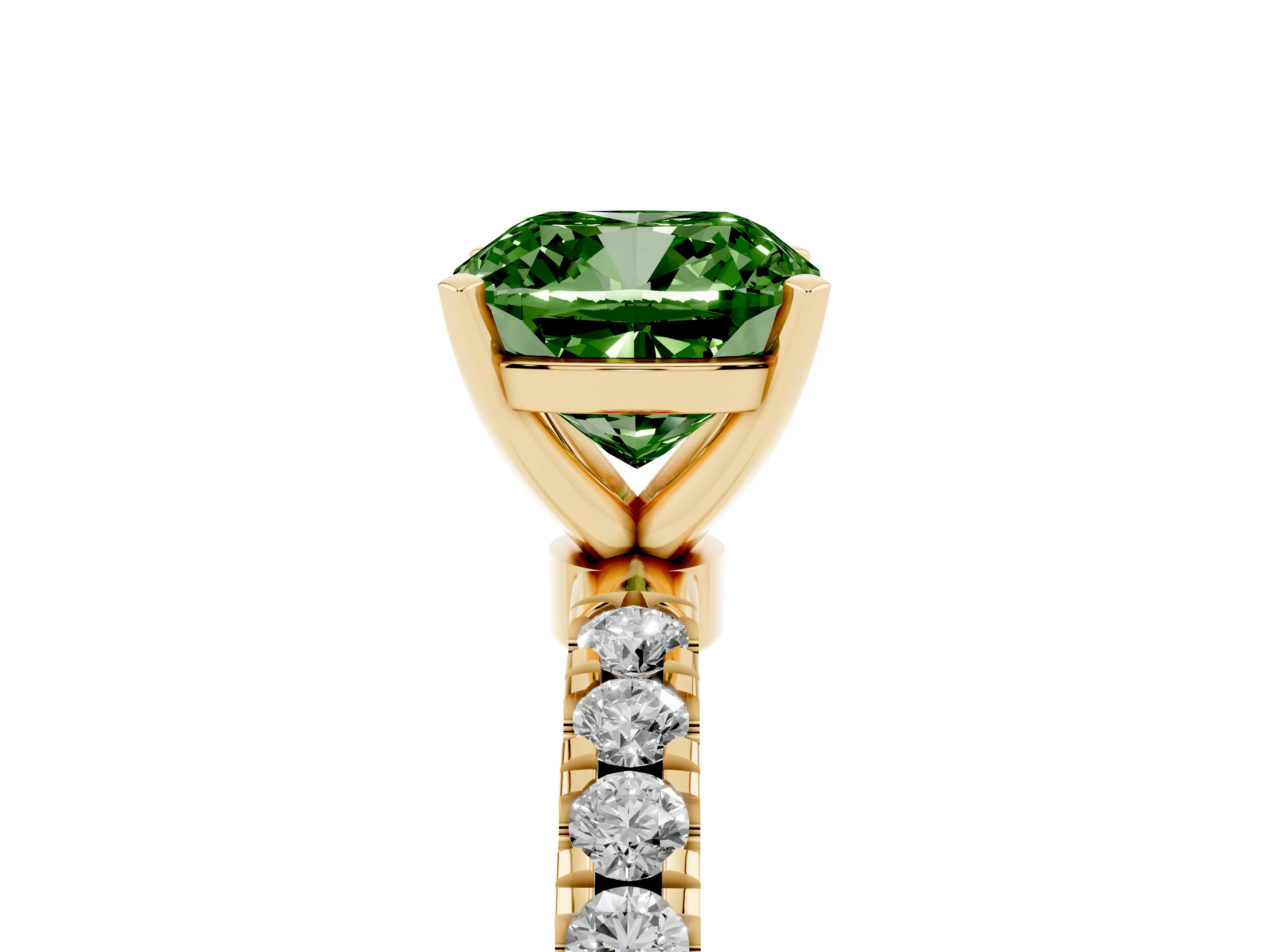 Fancy Green Cushion Cut Diamond Solitaire Ring Set in Yellow gold with Pavé Accents and Prong Setting