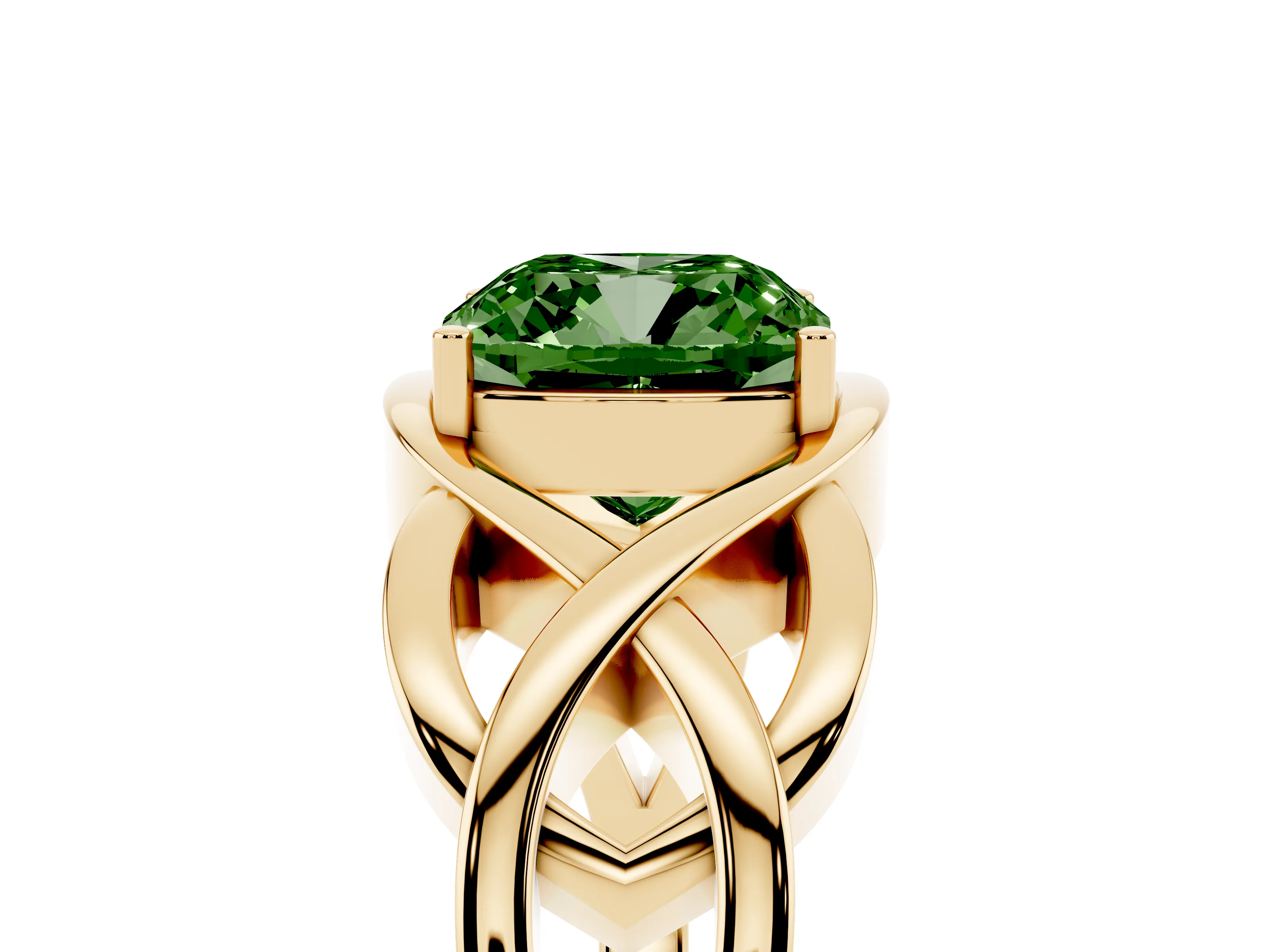 Fancy Green Cushion Cut Diamond Solitaire Ring Set in Yellow gold with Intertwined Band