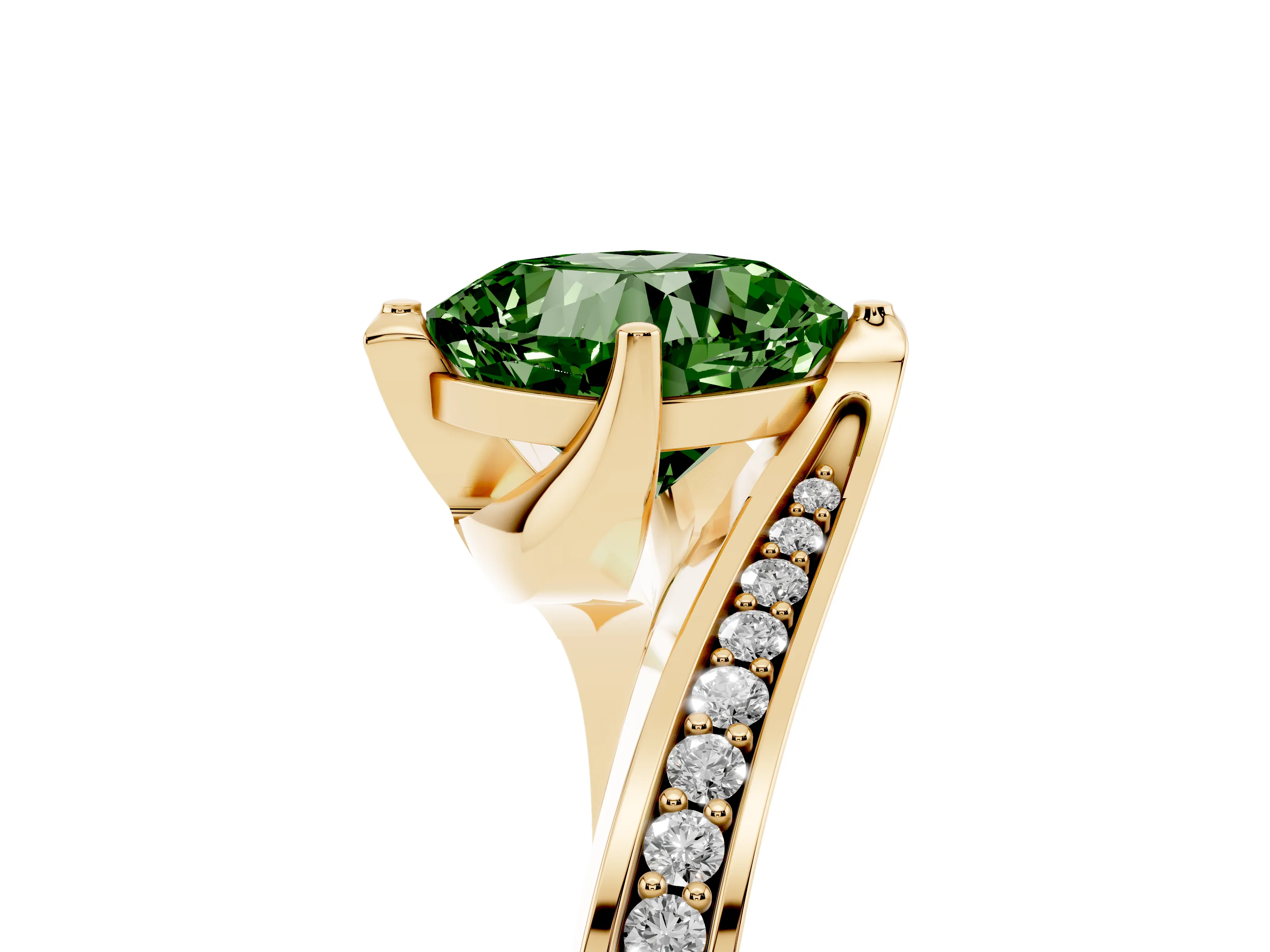 Fancy Green Cushion Cut Diamond Solitaire Ring Set in Yellow gold with Intertwined Pavé Twist Band
