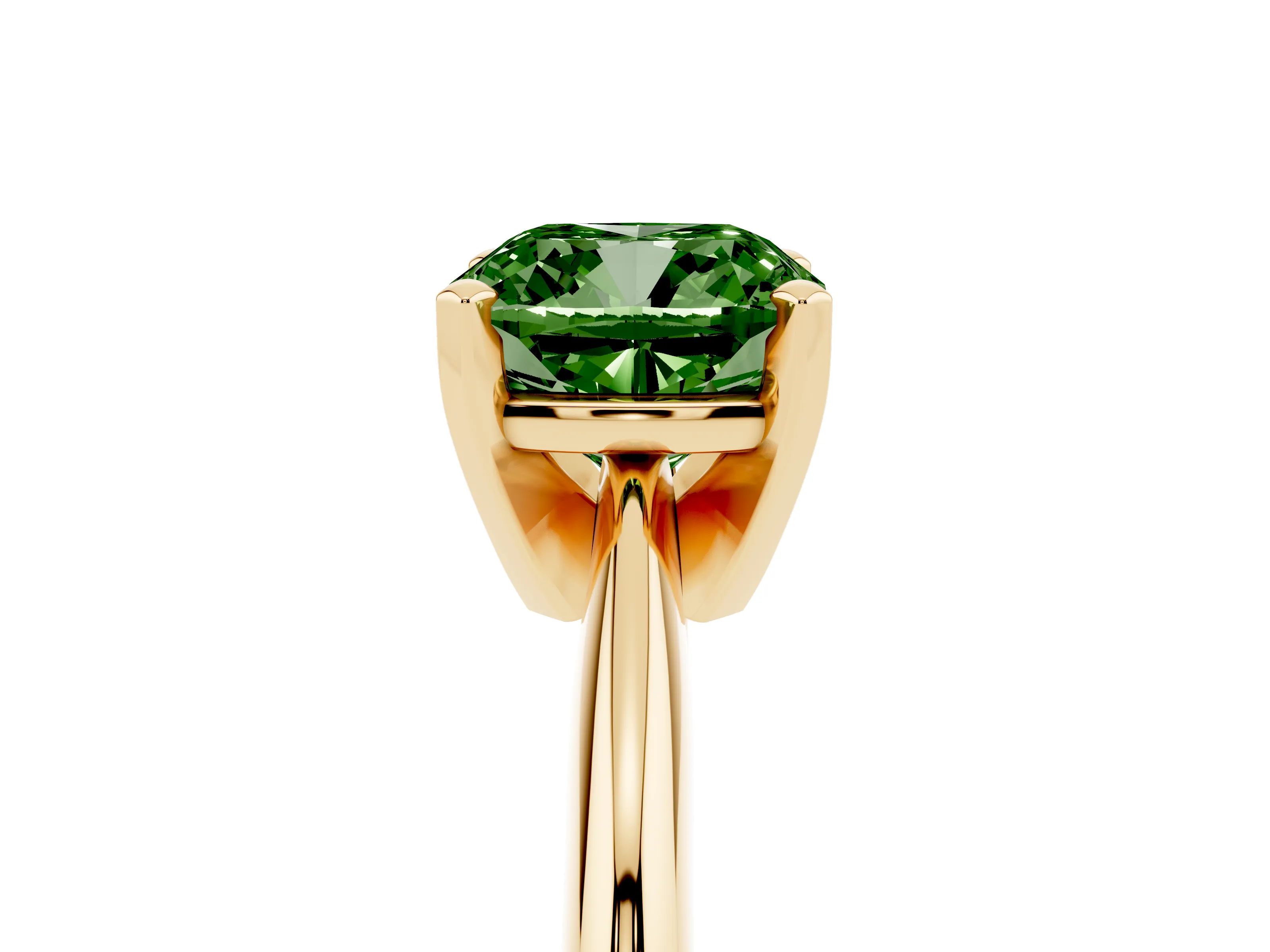 Fancy Green Cushion Cut Diamond Solitaire Ring Set in Yellow gold with Prong Setting on a Plain Round Band