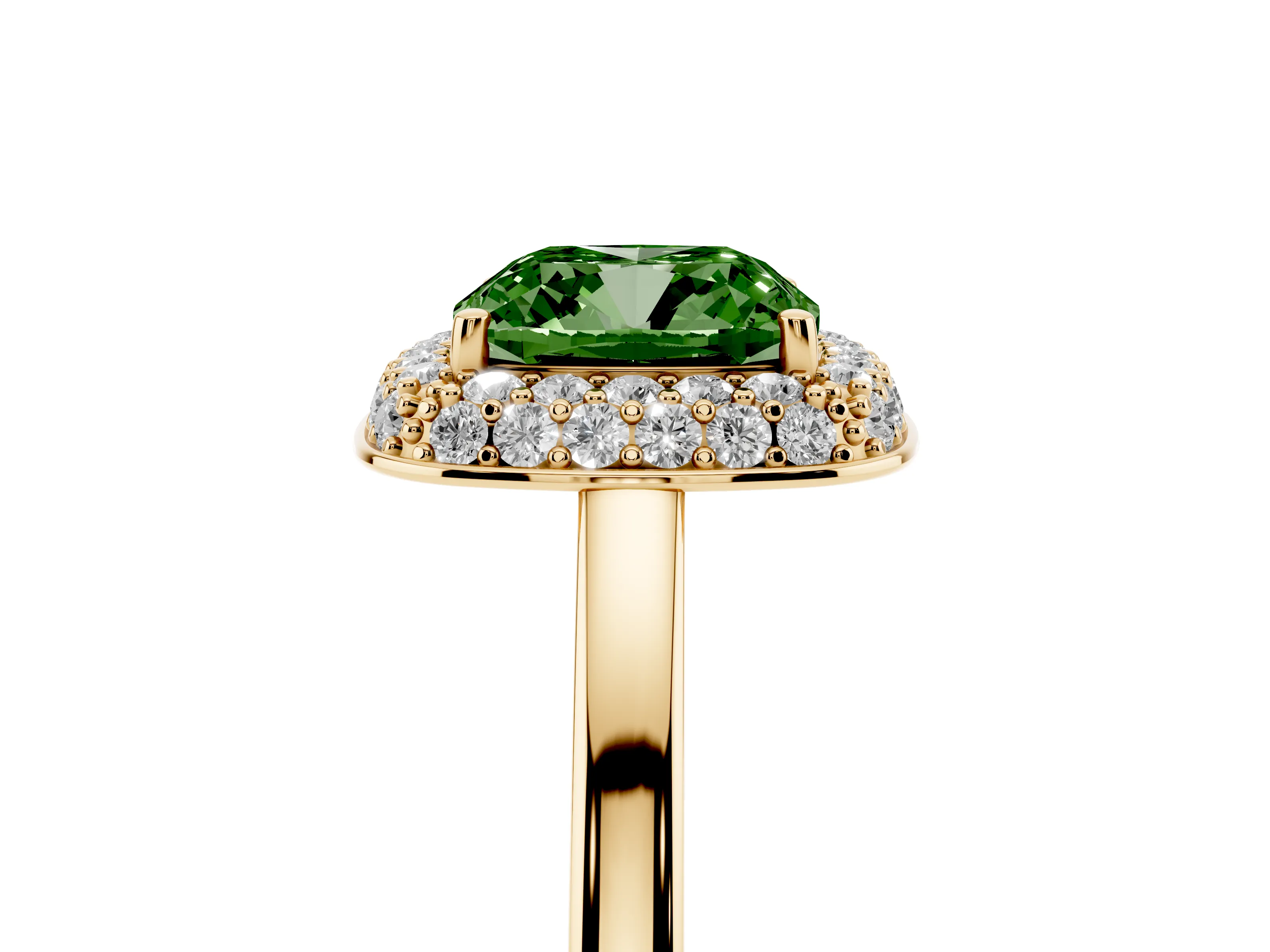 Fancy Green Cushion Cut Diamond Halo Engagement Ring Set in Yellow gold with Solitaire Band and Prong Setting
