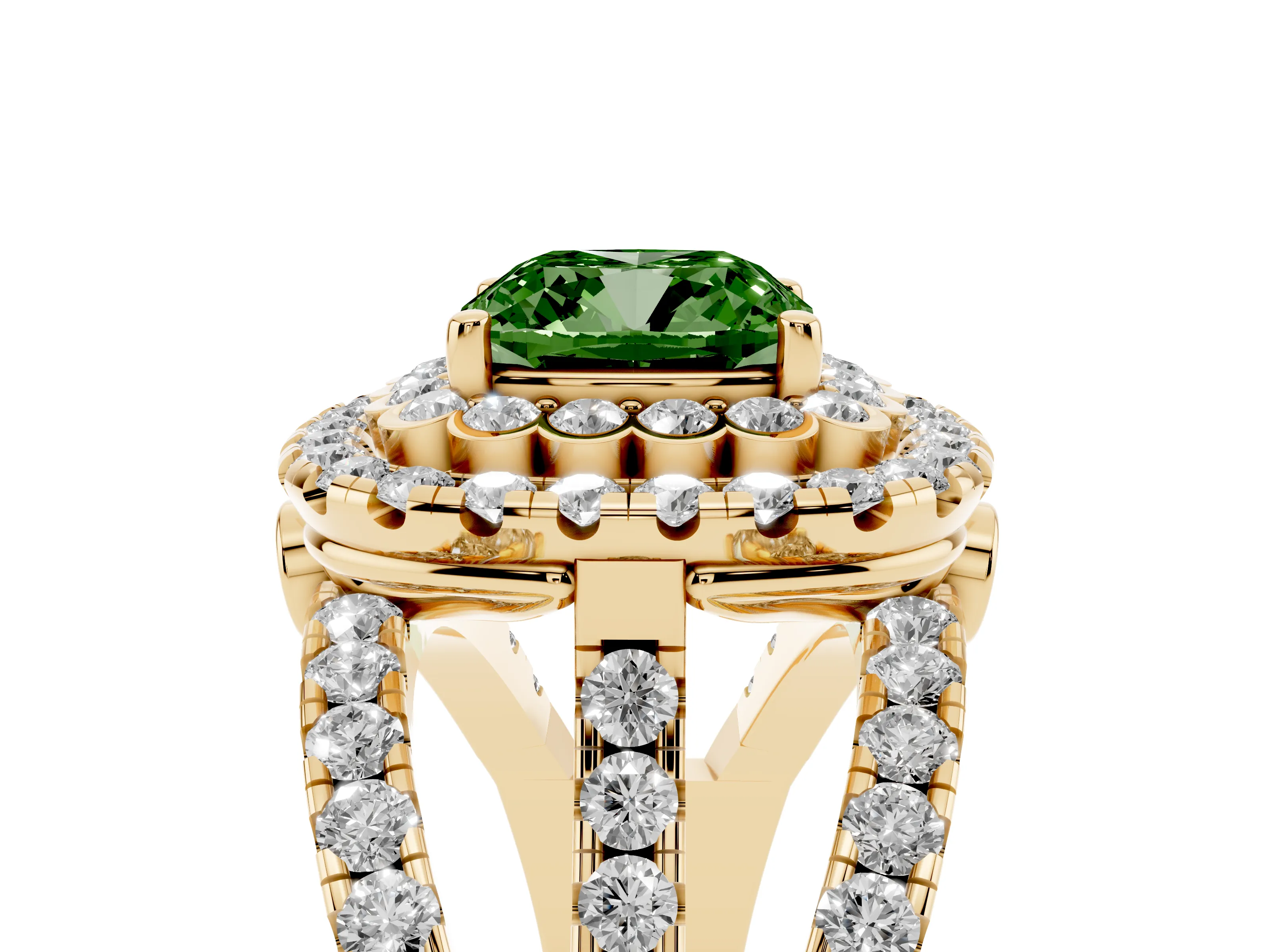 Fancy Green Cushion Cut Diamond Double Halo Ring Set in Yellow gold with Round Pavé Split Shank