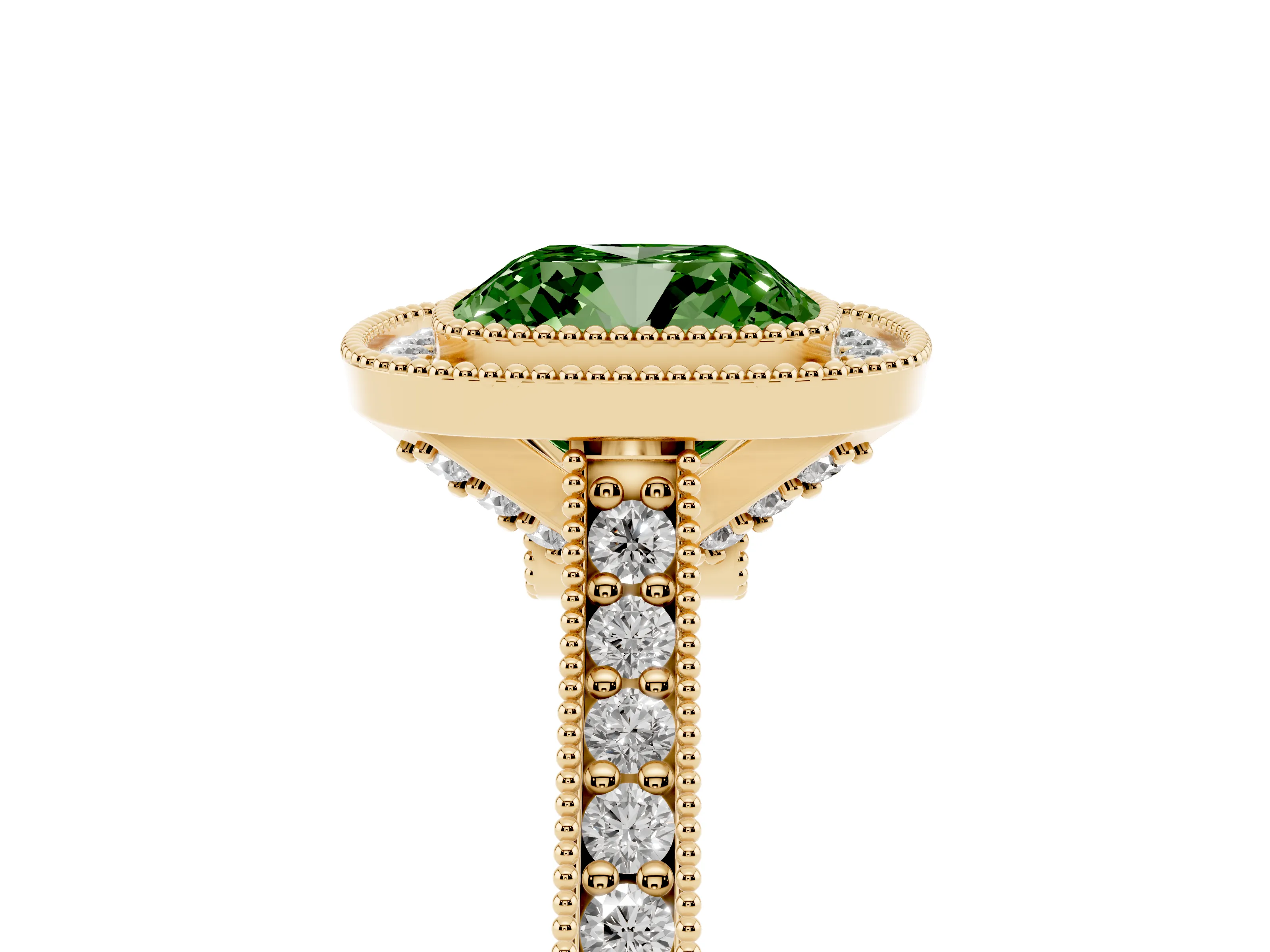 Fancy Green Cushion Cut Diamond Halo Milgrain Pavé Band Ring Set in Yellow gold with Prong Setting
