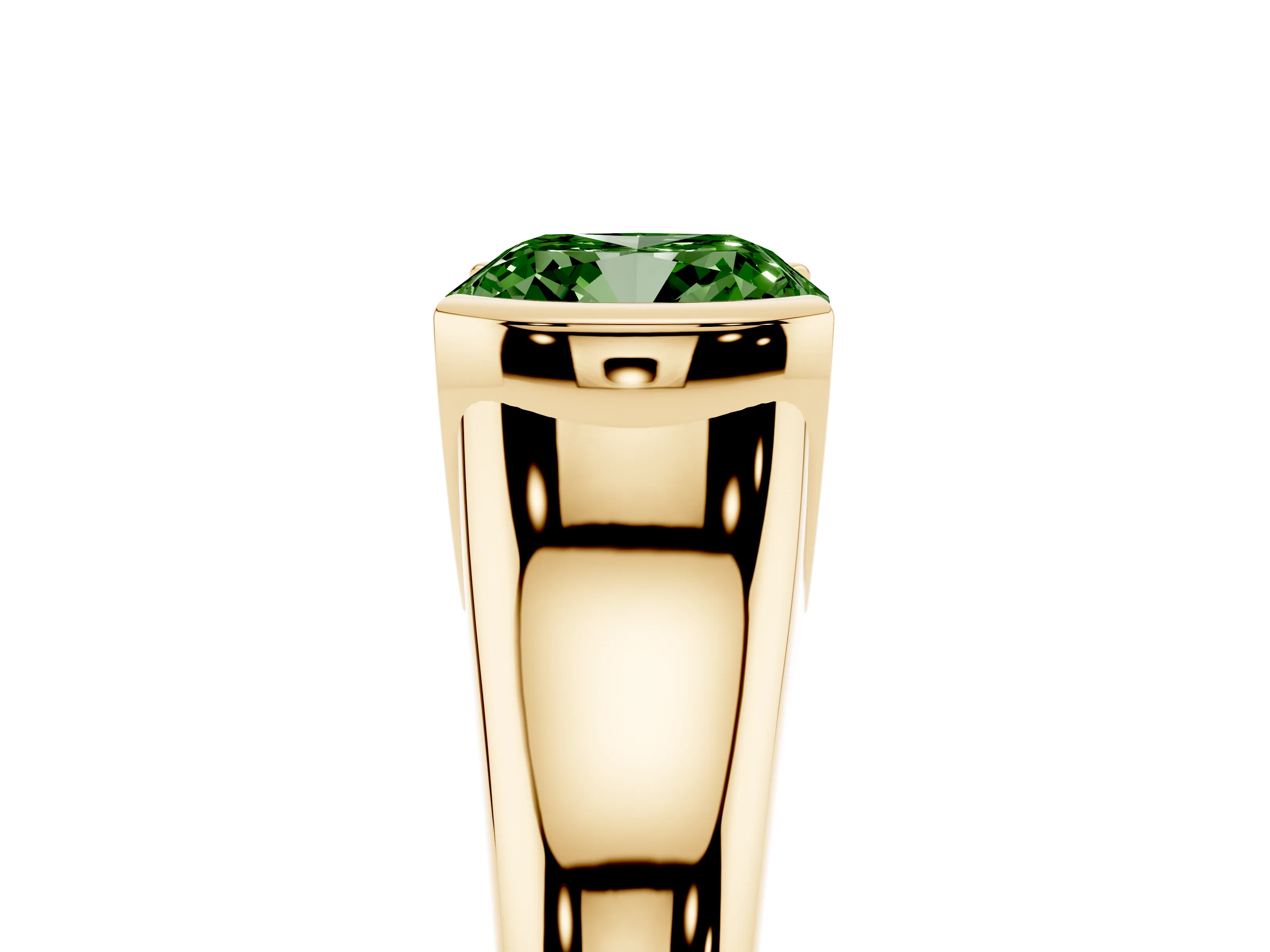 Fancy Green Cushion Cut Diamond Solitaire Tension Set Ring Set in Yellow gold with Split Shank Band
