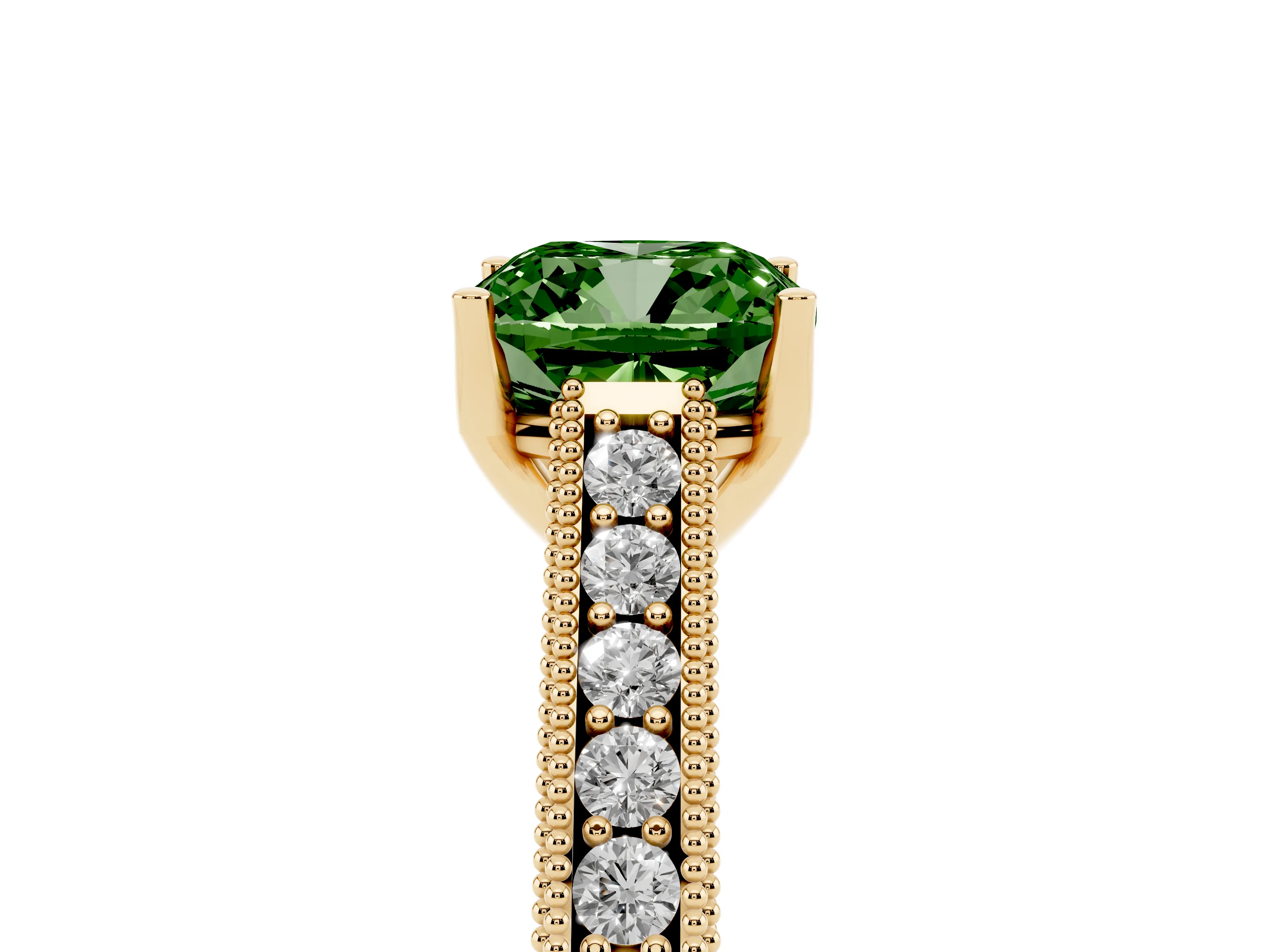 Fancy Green Cushion Cut Diamond Milgrain Pavé Band Solitaire Ring Set in Yellow gold with Prong Setting