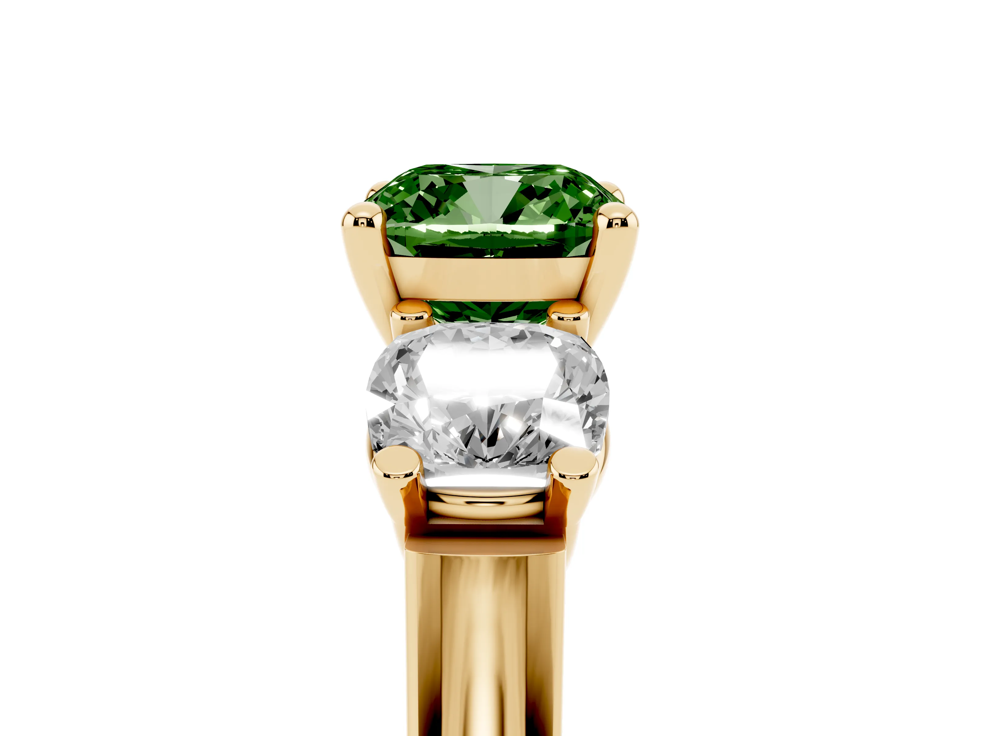Fancy Green Cushion Cut Diamond Three-Stone Trellis Ring Set in Yellow gold with Comfort Fit Band