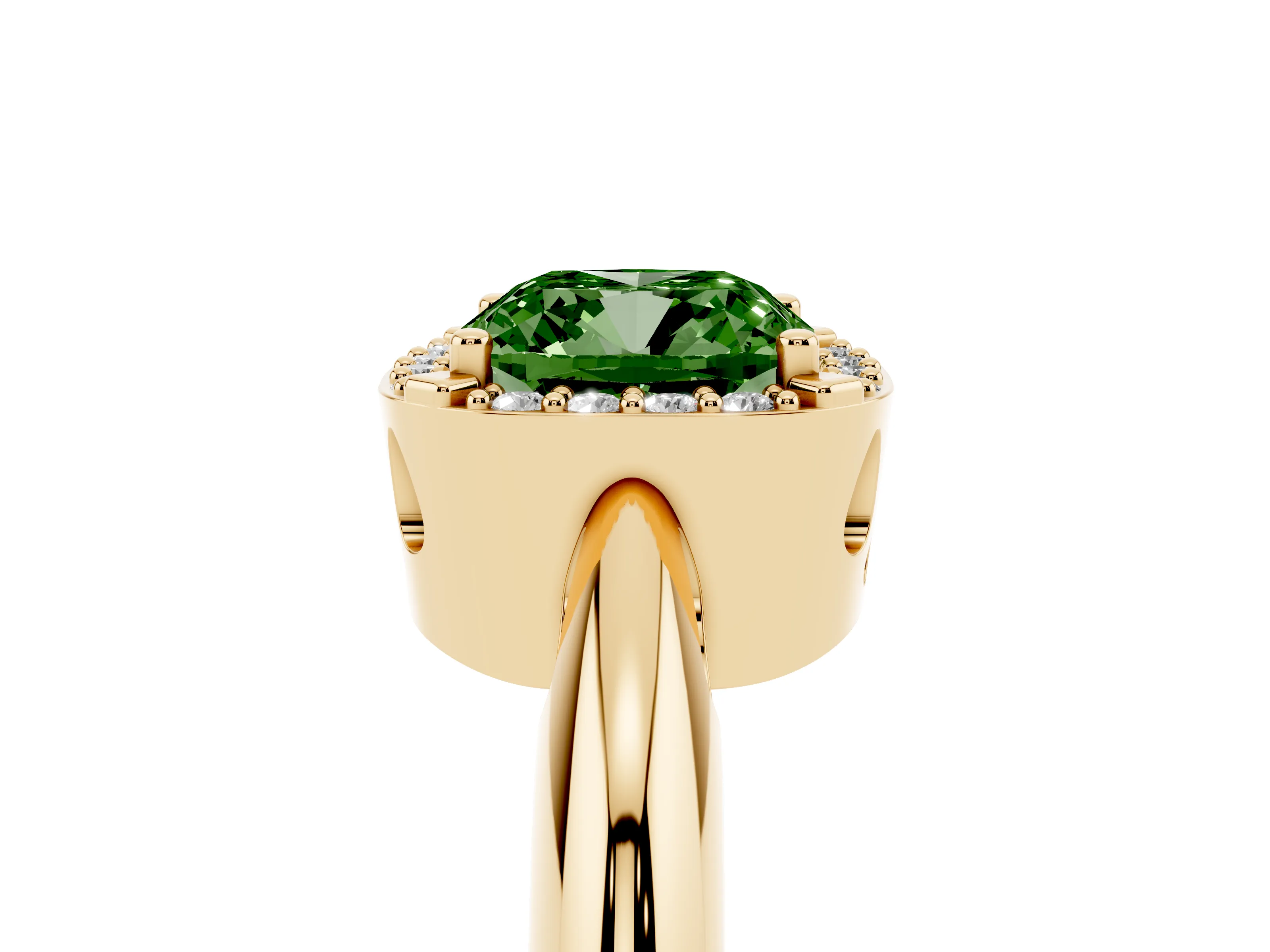 Fancy Green Cushion Cut Diamond Halo Engagement Ring Set in Yellow gold with Plain Split Shank and Prong Setting