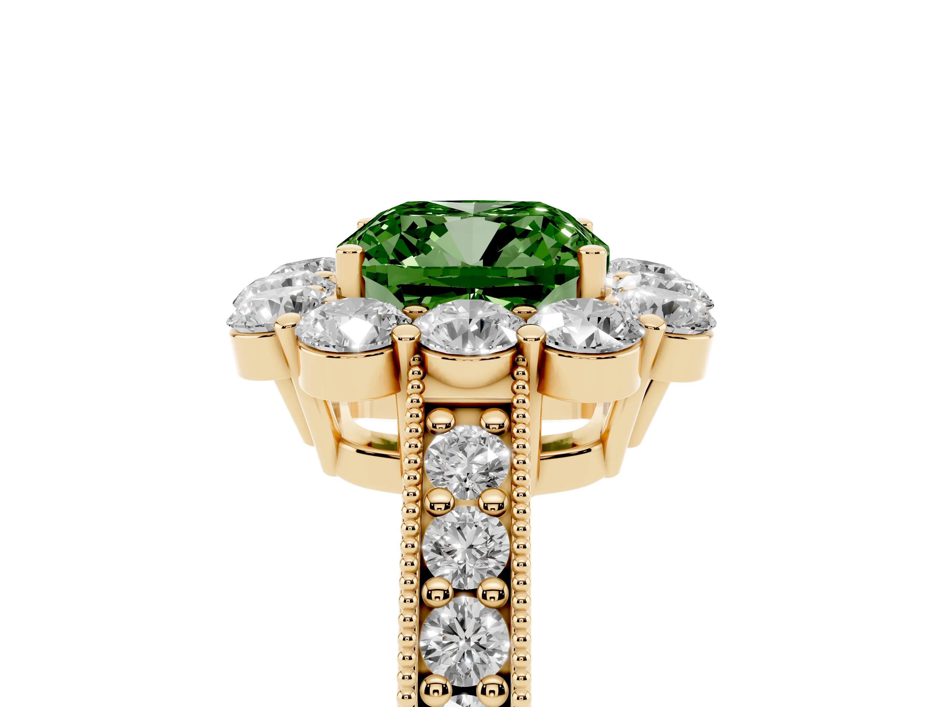 Fancy Green Cushion Cut Diamond Halo Pavé Engagement Ring Set in Yellow gold with Milgrain Detailing
