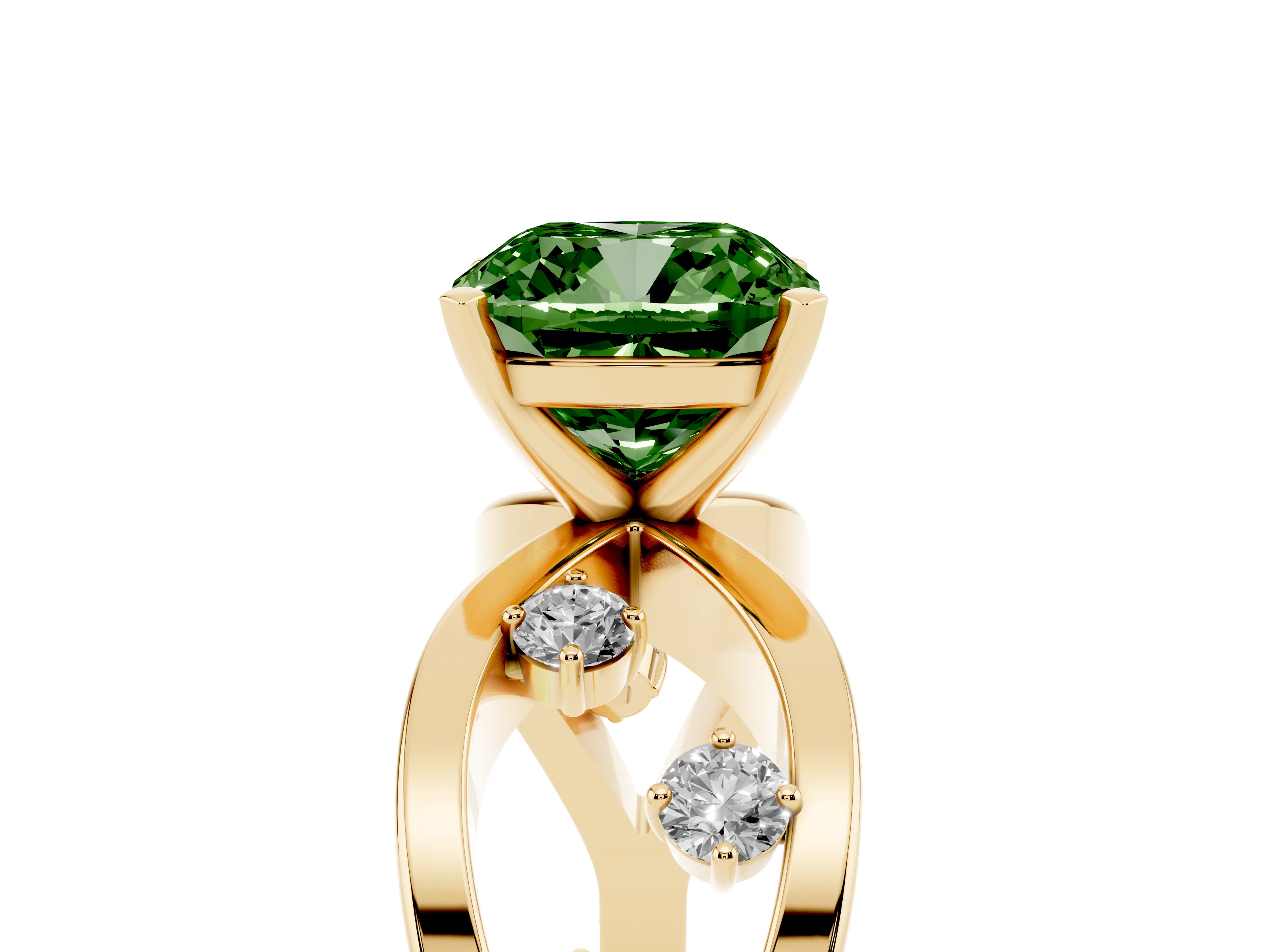 Fancy Green Cushion Cut Diamond Solitaire Ring Set in Yellow gold with Side Stones on Criss-Cross Band and Prong Setting