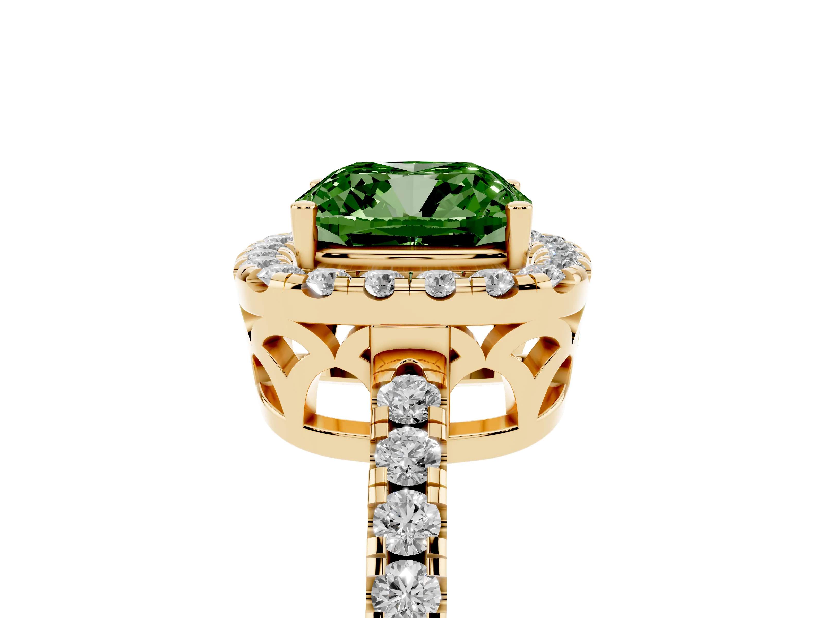Fancy Green Cushion Cut Diamond Pavé Band Halo Engagement Ring Set in Yellow gold with Prong Setting