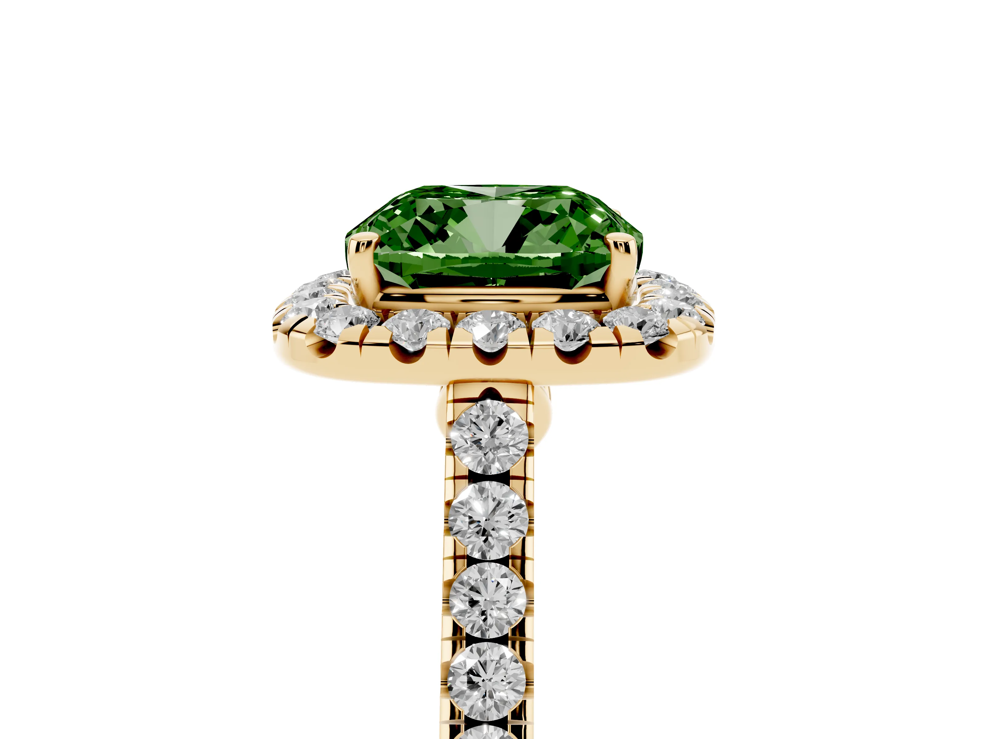 Fancy Green Cushion Cut Diamond Halo Pavé Engagement Ring Set in Yellow gold with Prong Setting