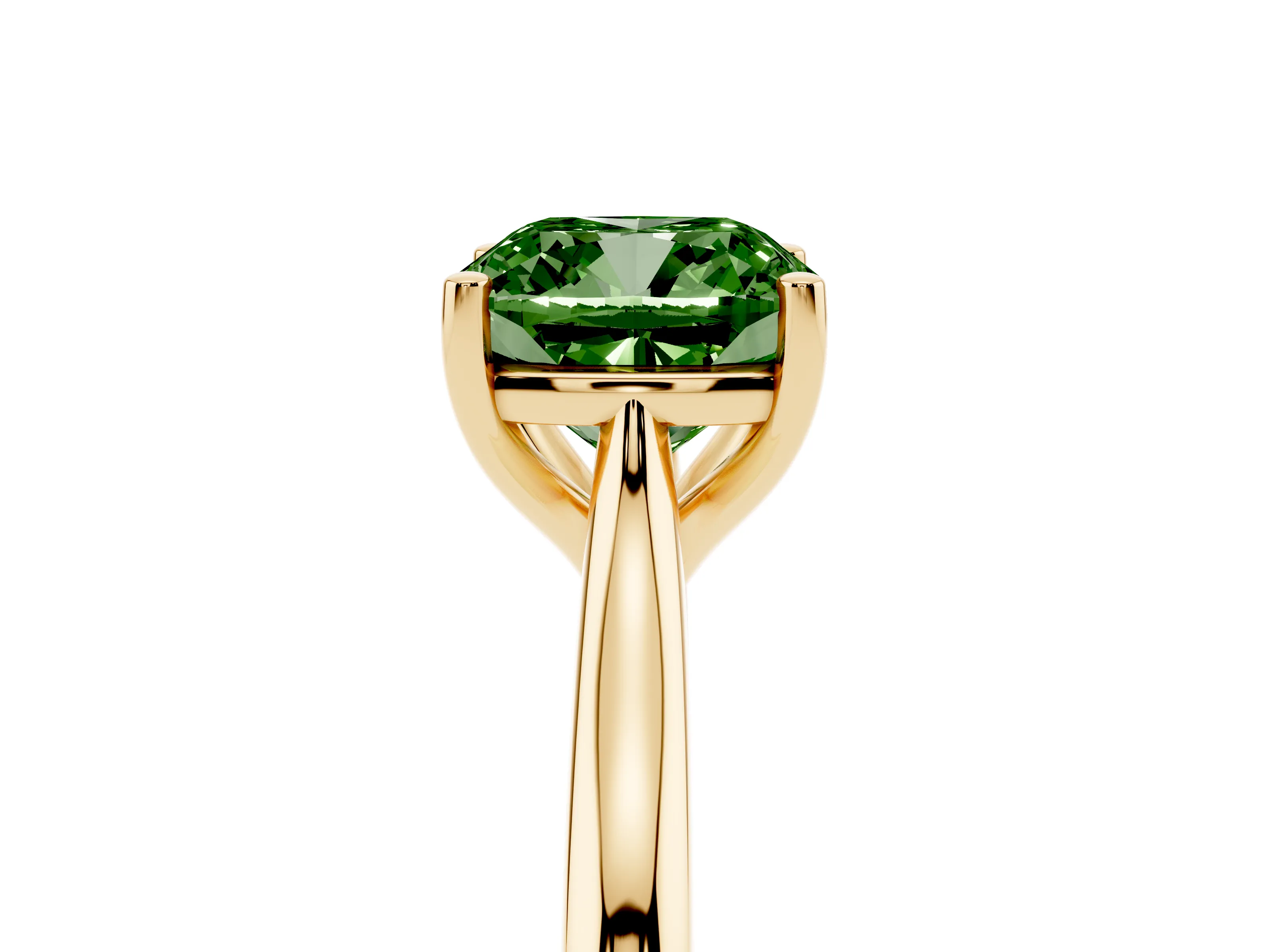 Fancy Green Cushion Cut Diamond Solitaire Ring Set in Yellow gold with Cathedral Band and Prong Setting