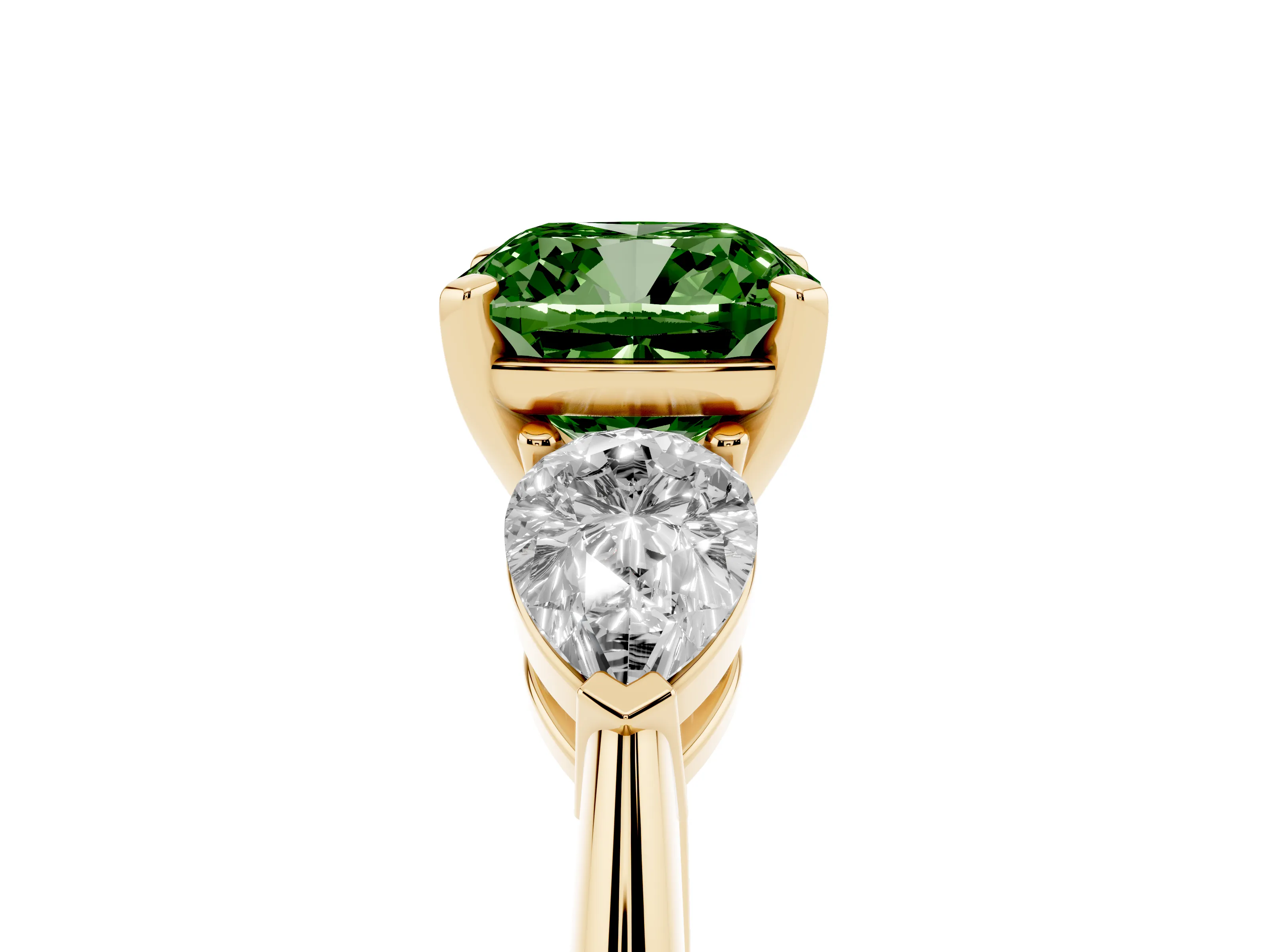Fancy Green Three-Stone Cushion Cut Diamond Ring Set in Yellow gold with Pear Side Stones and Prong Setting