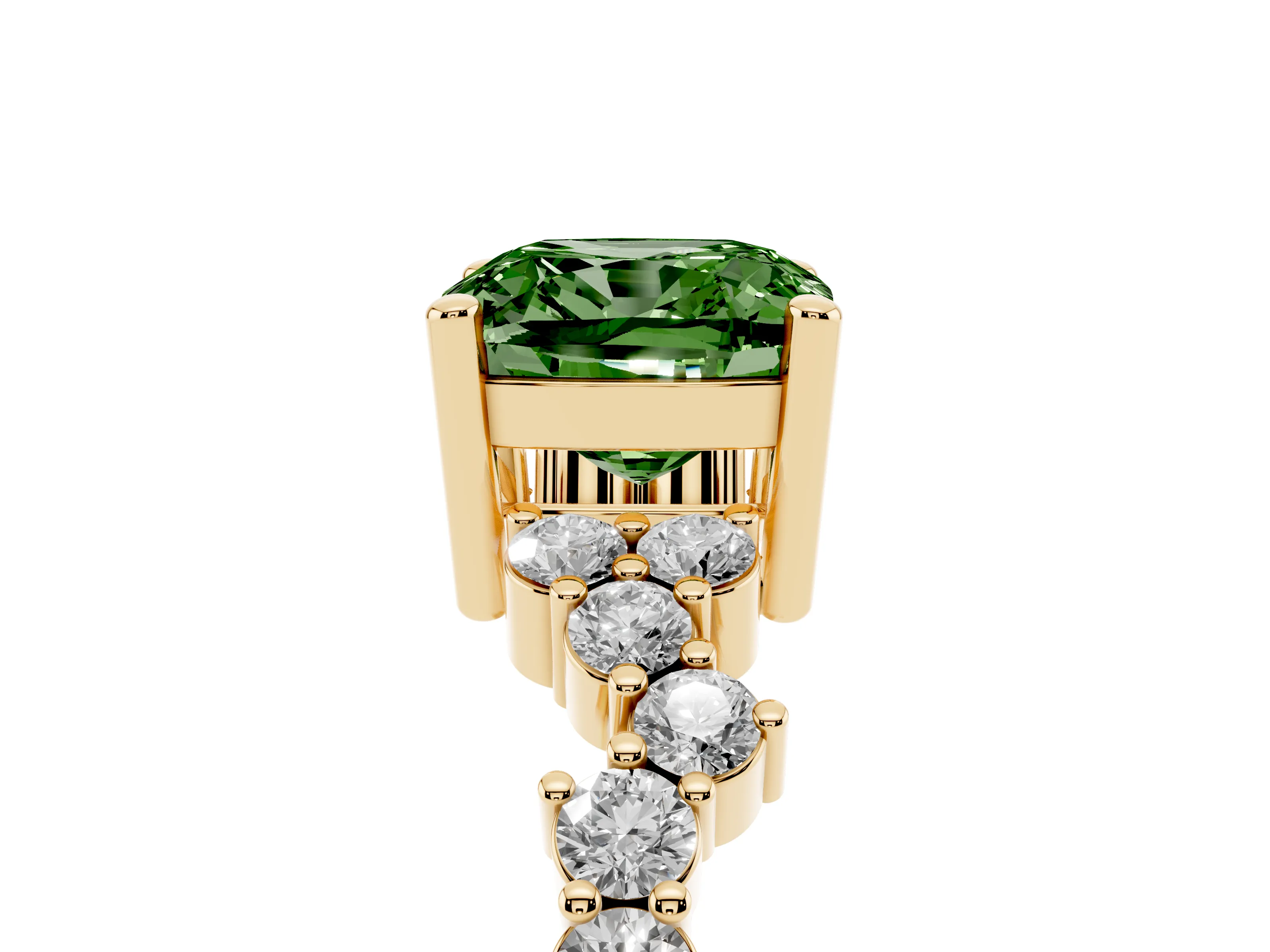 Fancy Green Cushion Cut Diamond Ring Set in Yellow gold with Scattered Round Accents