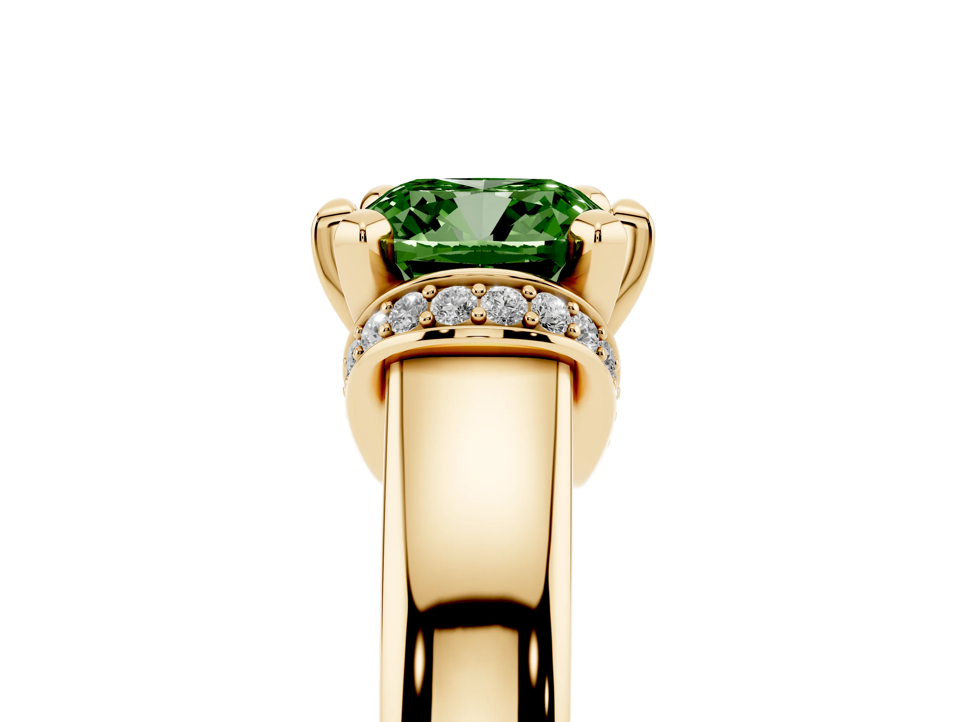 Fancy Green Cushion Cut Diamond Pavé Band Solitaire Ring Set in Yellow gold with Prong Setting