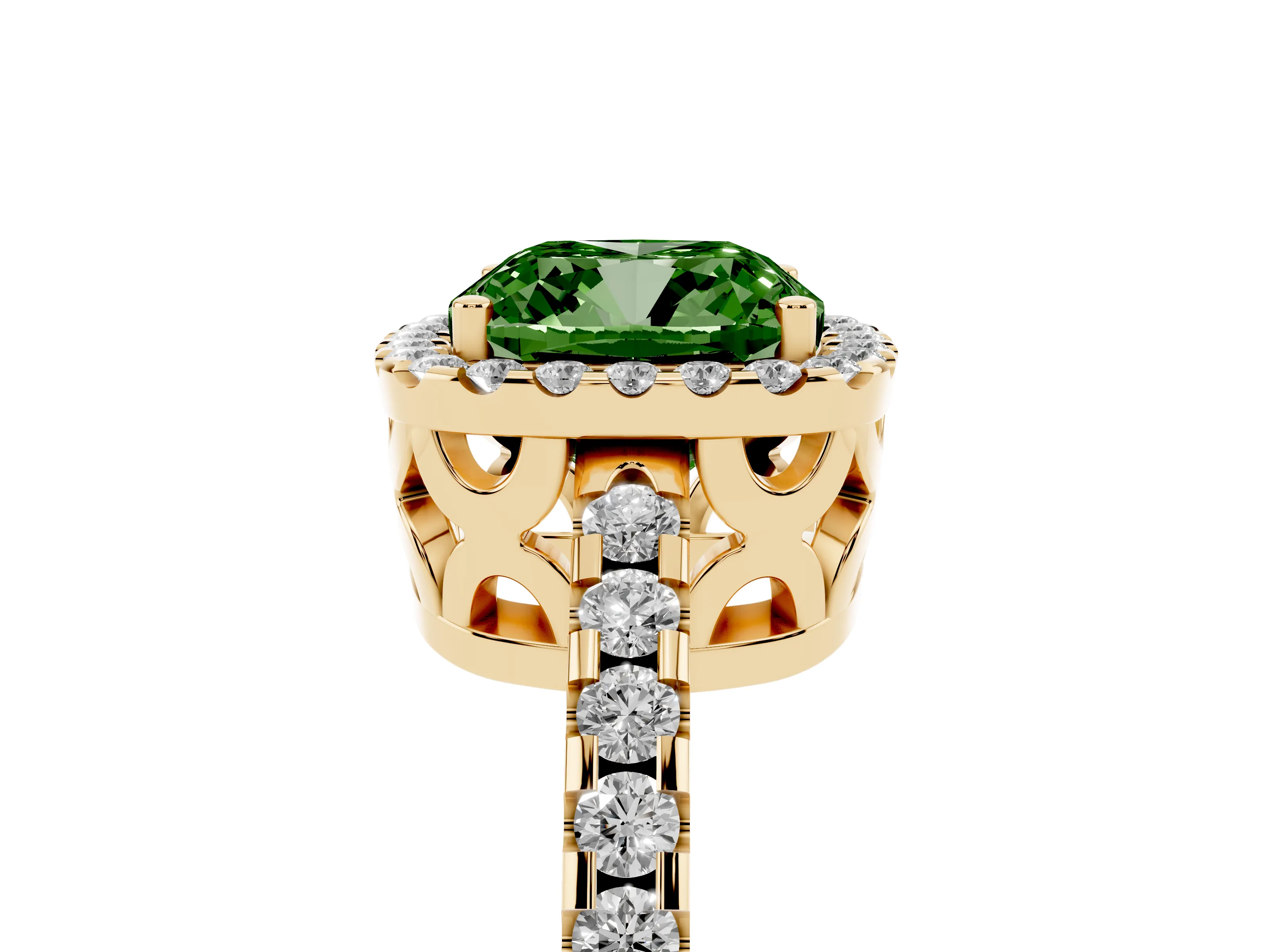 Fancy Green Cushion Cut Diamond Halo Ring Set in Yellow gold with Pavé Shoulders and Halo-Framed Center