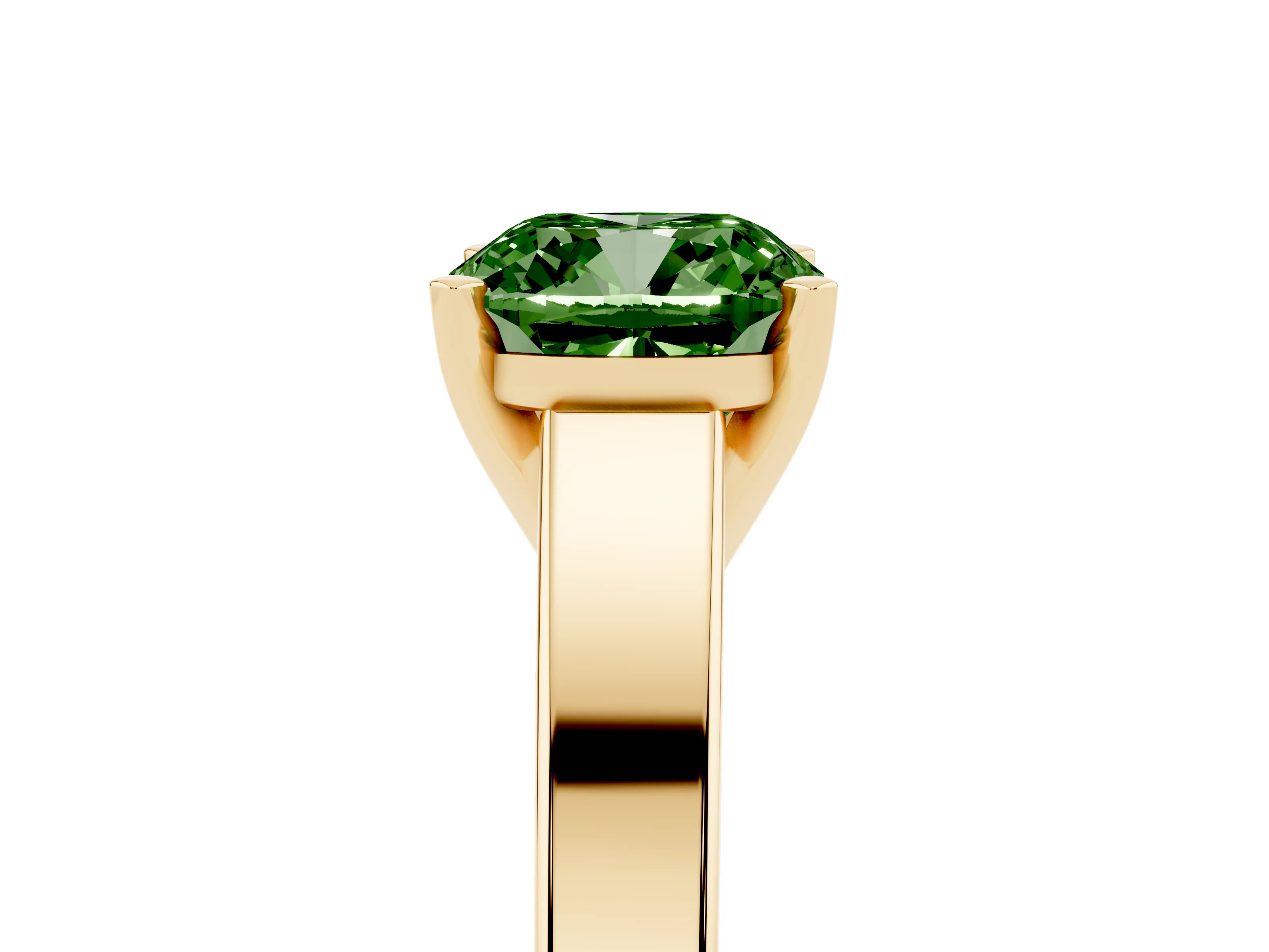 Fancy Green Cushion Cut Diamond Solitaire Engagement Ring Set in Yellow gold with Prong Setting and Tapered Band