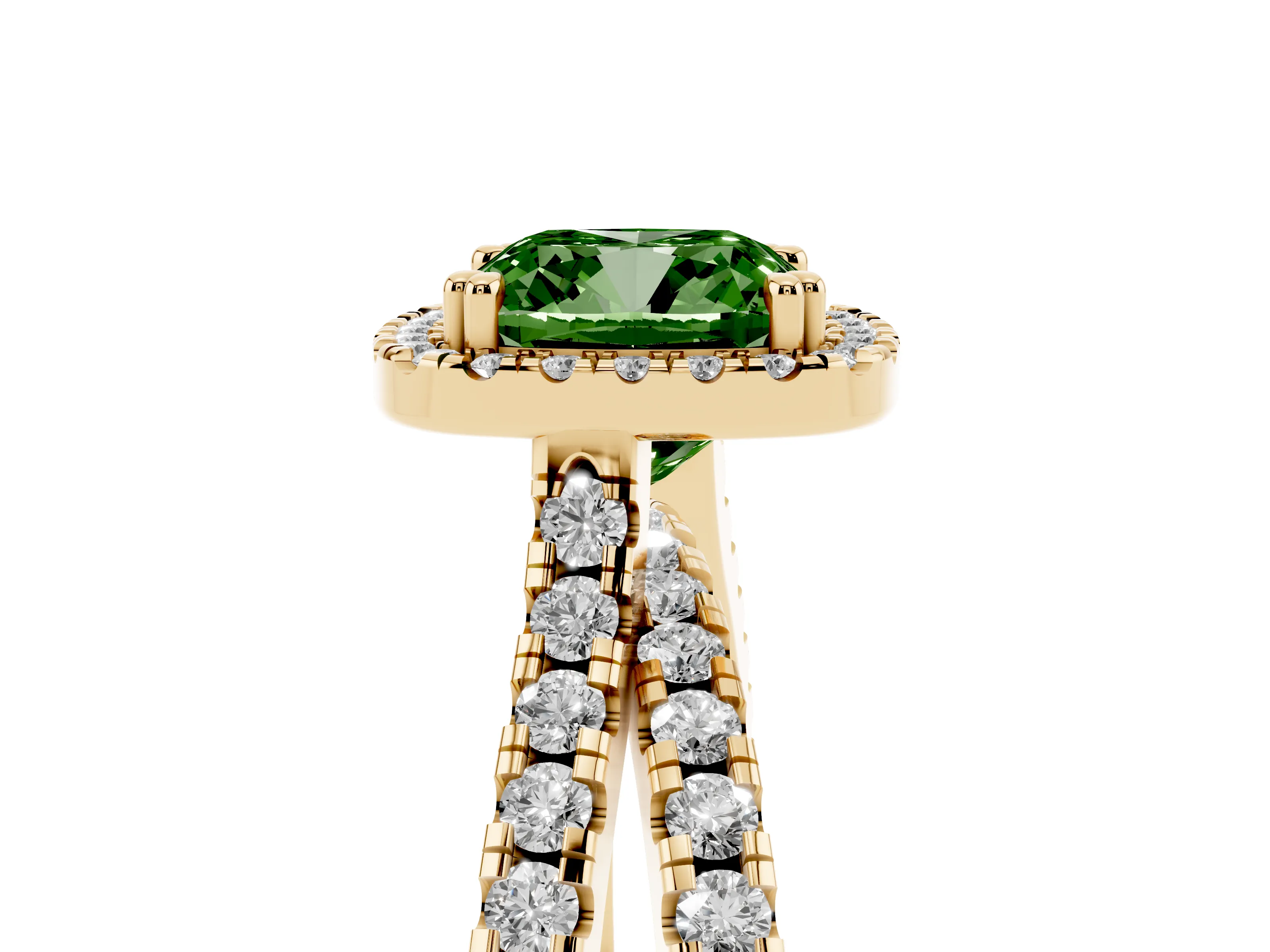 Fancy Green Cushion Cut Diamond Halo Split Shank Ring Set in Yellow gold with Pavé Setting