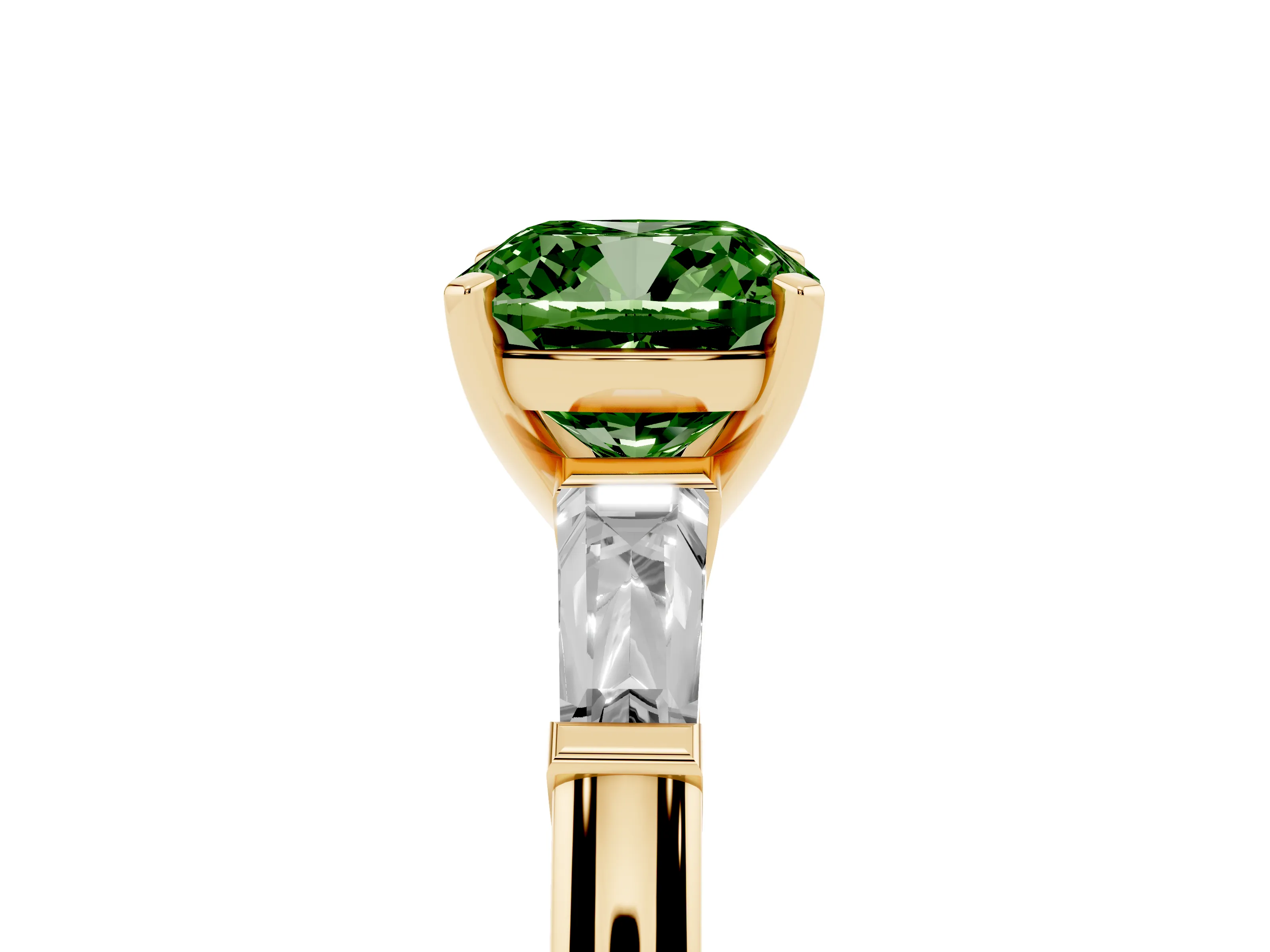 Fancy Green Cushion Cut Diamond Solitaire Ring Set in Yellow gold with Tapered Baguette Side Stones and Prong Setting