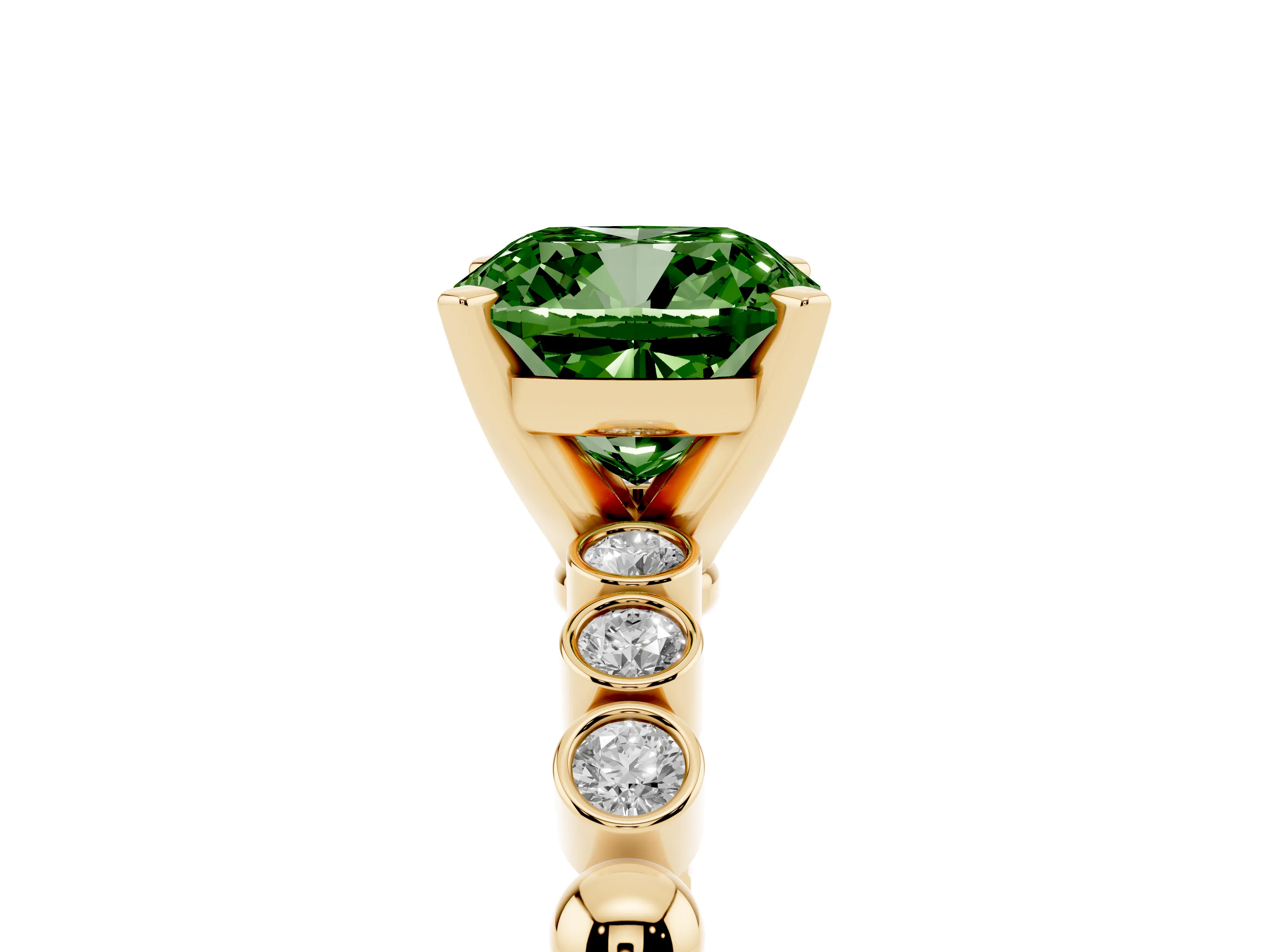 Fancy Green Cushion Cut Diamond Solitaire Engagement Ring Set in Yellow gold with Bezel Accents on Beaded Band