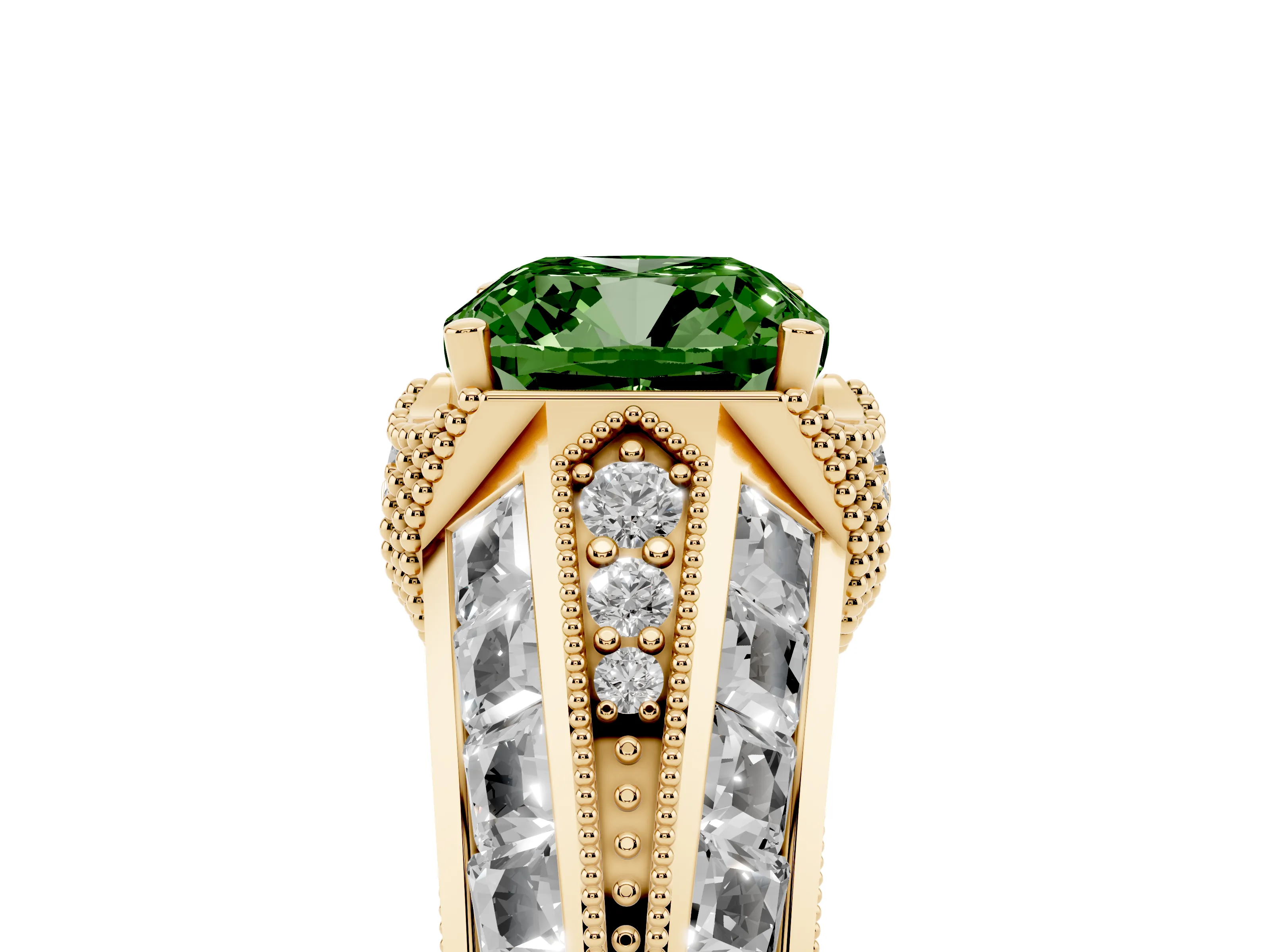 Fancy Green Cushion Cut Diamond Vintage-Inspired Milgrain Ring Set in Yellow gold with Accent Split Shank
