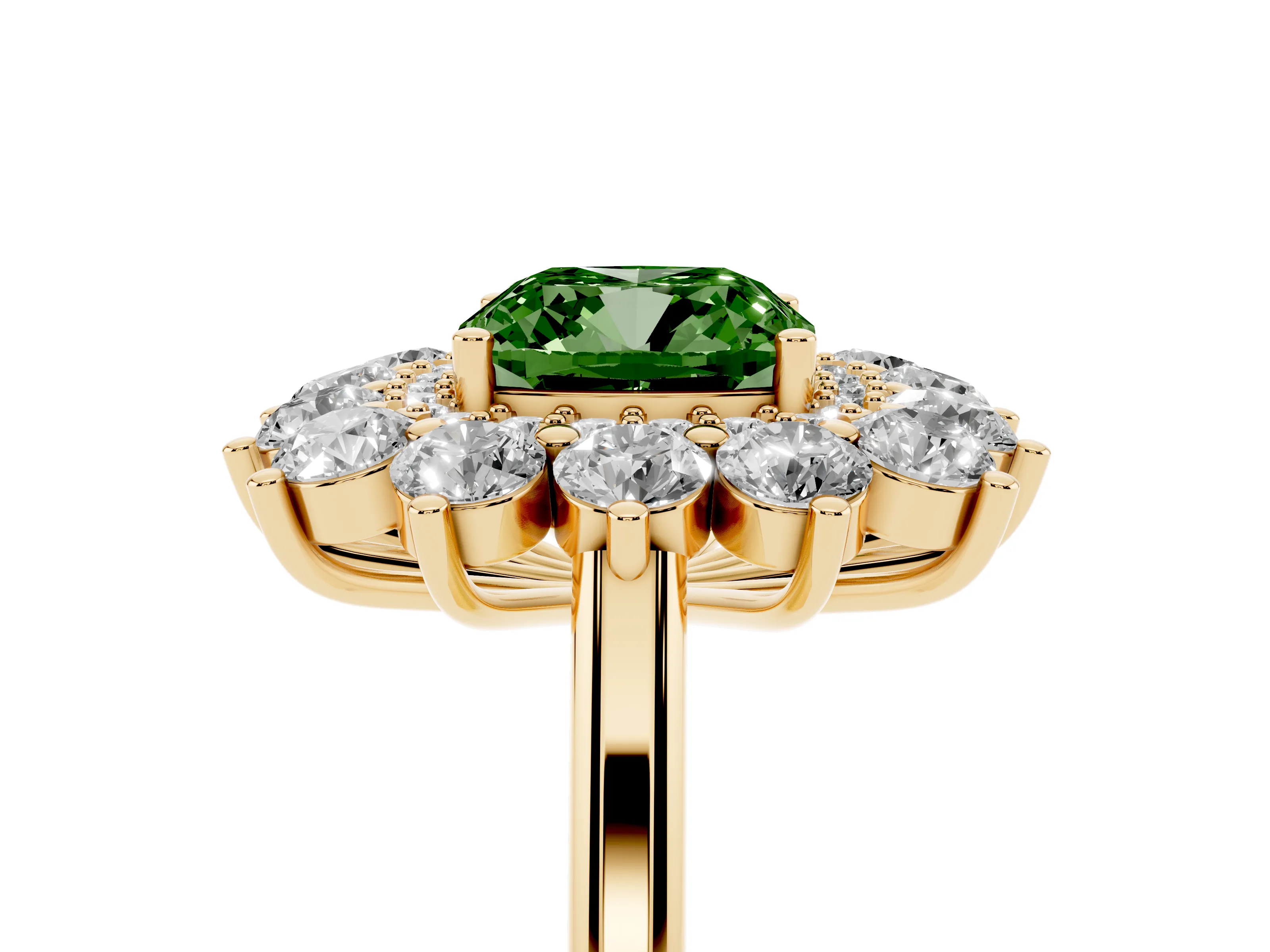 Fancy Green Cushion Cut Diamond Floral Double Halo Ring Set in Yellow gold with Round Petals