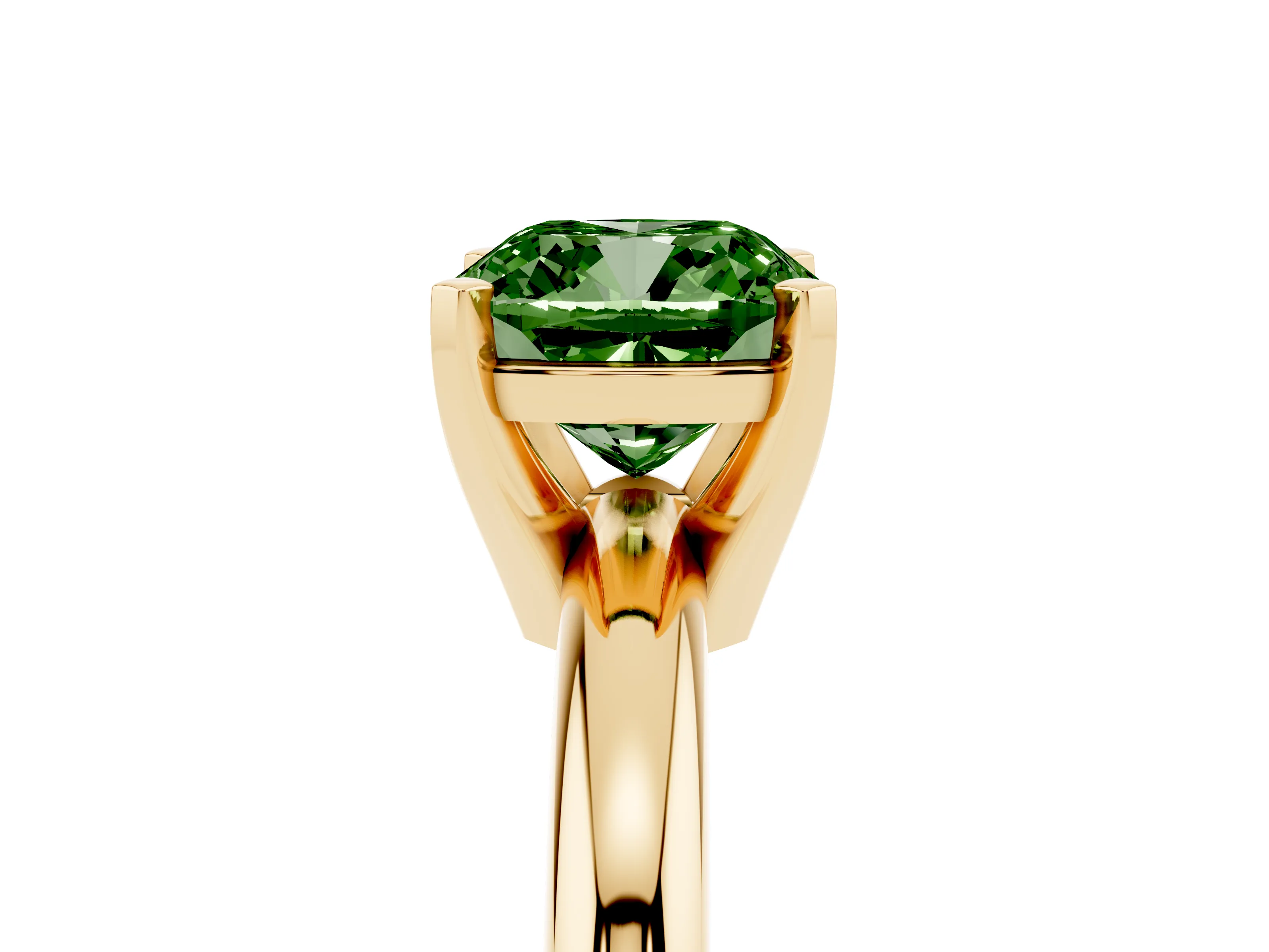 Fancy Green Cushion Cut Diamond Solitaire Engagement Ring Set in Yellow gold with Round Band and Prong Setting