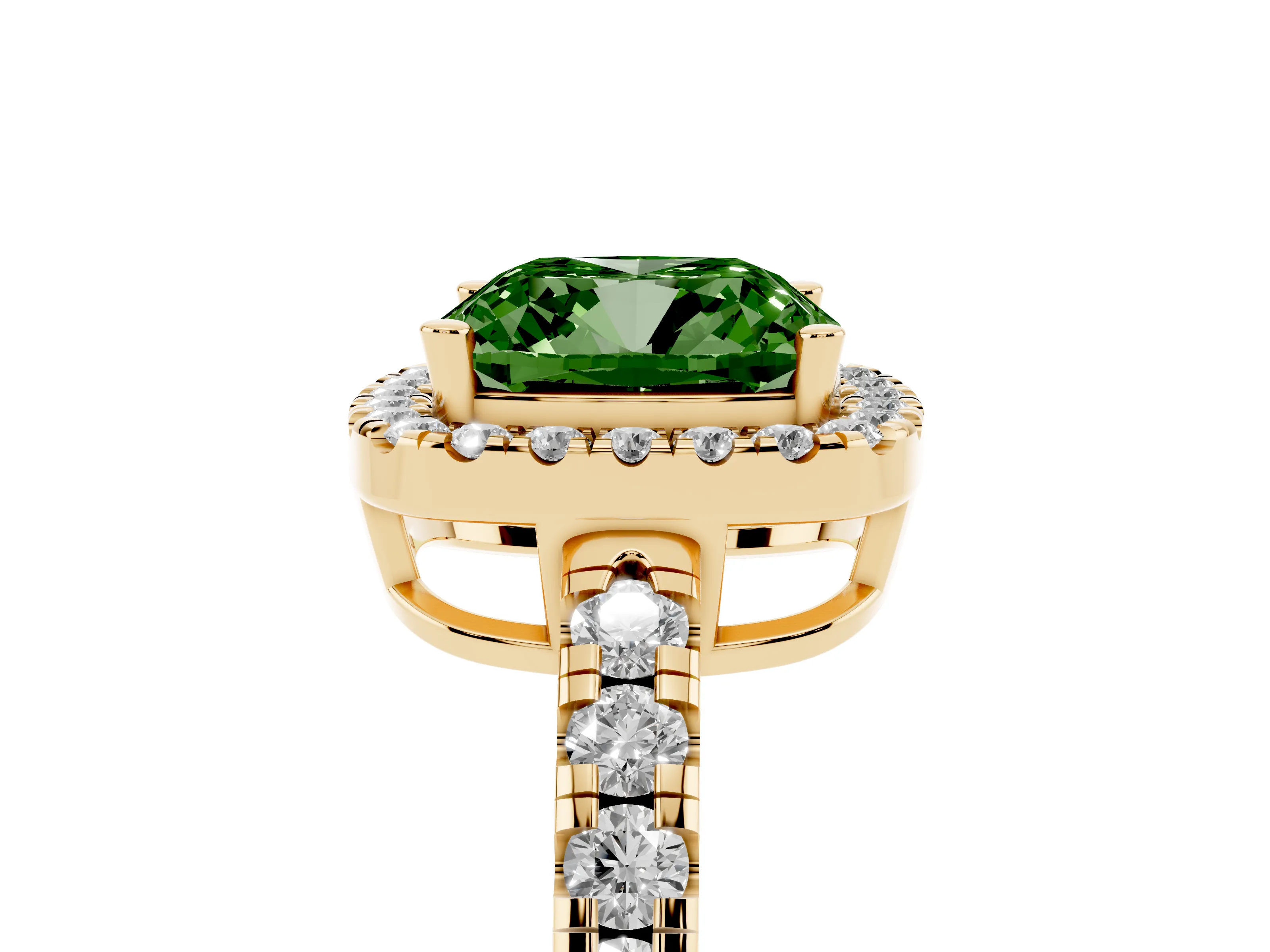 Fancy Green Cushion Cut Diamond Halo Ring Set in Yellow gold with Delicate Pavé Band and Prong Setting