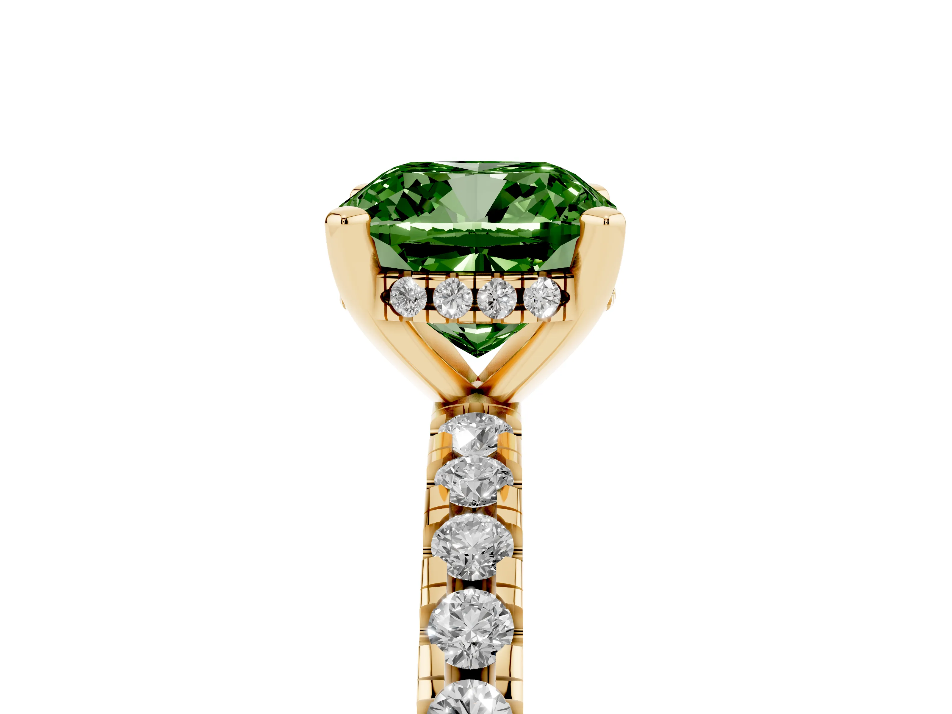 Fancy Green Cushion Cut Diamond Pavé Solitaire Ring Set in Yellow gold with Round Band Accents and Prong Setting