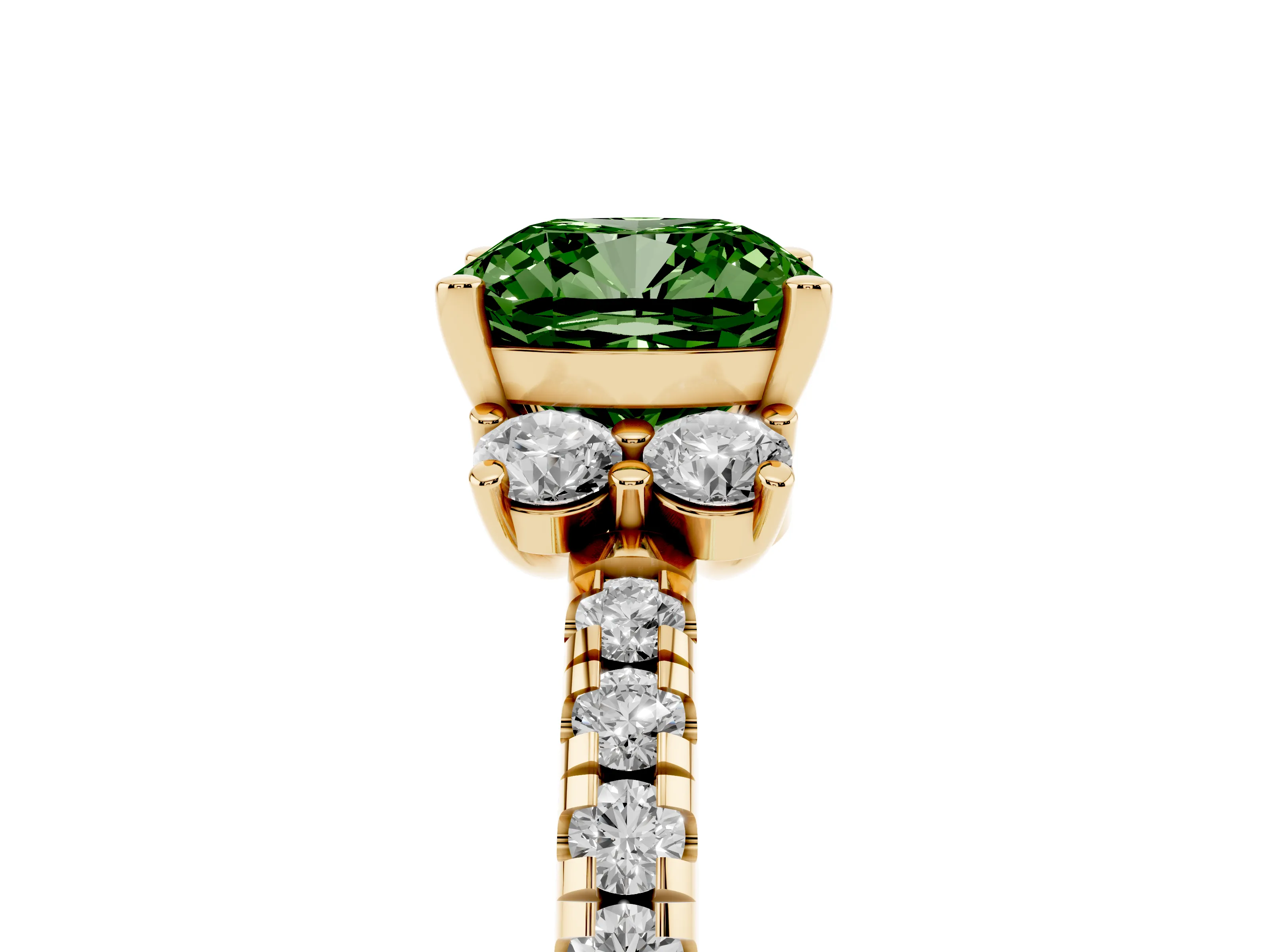 Fancy Green Cushion Cut Diamond Three-Stone Pavé Ring Set in Yellow gold with Prong Setting